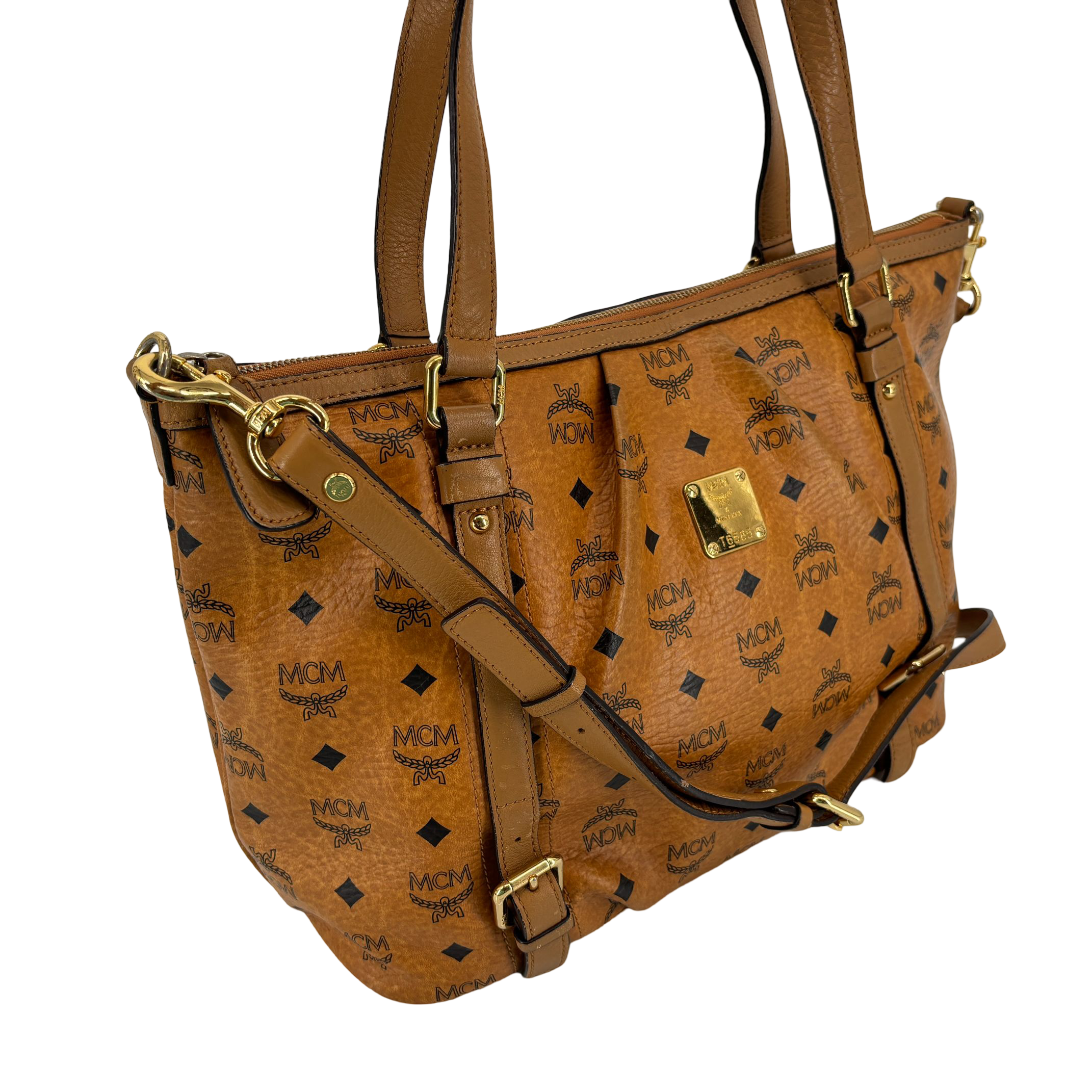 MCM 2Way Tote Bag Beige Visetos Cognac Monogram