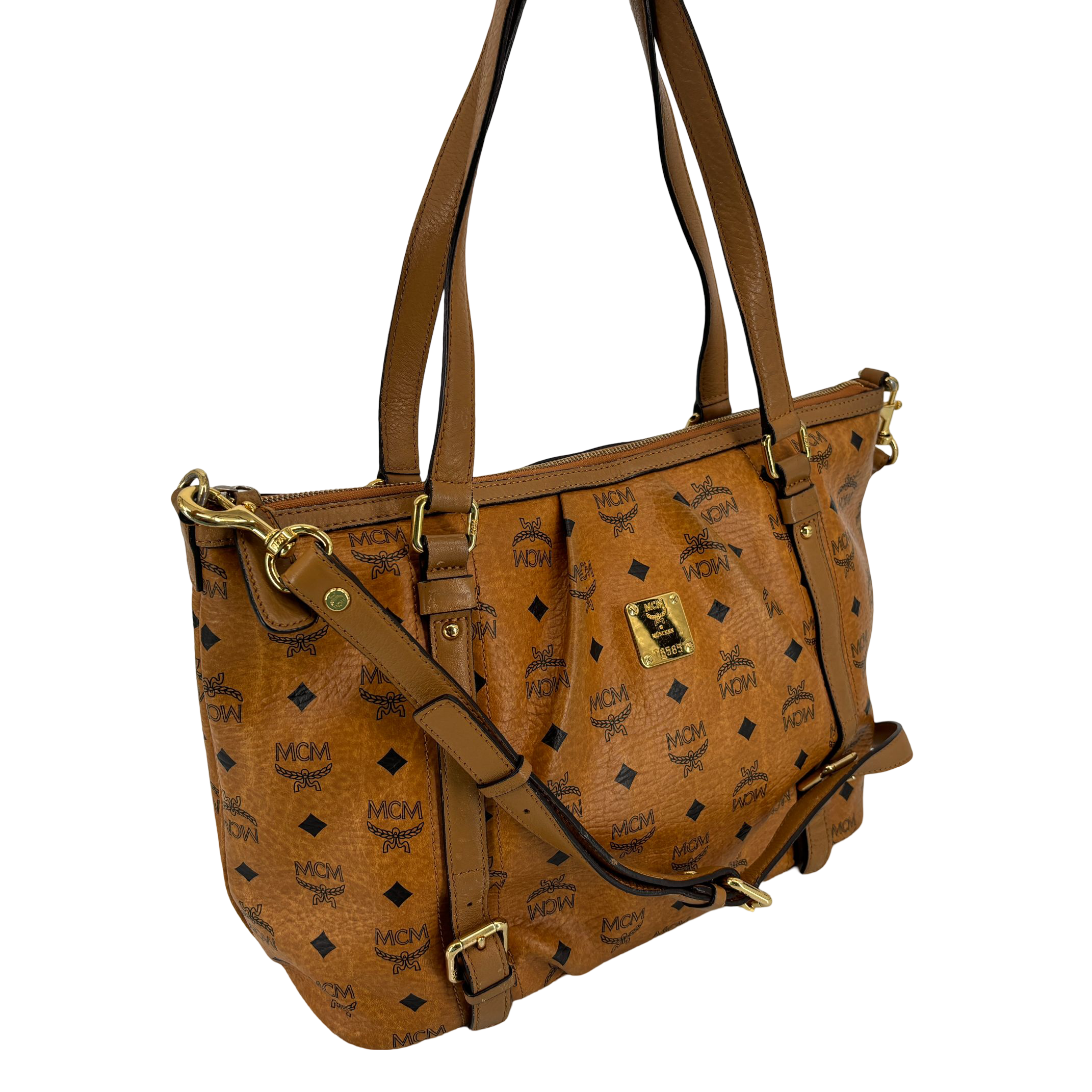 MCM 2Way Tote Bag Beige Visetos Cognac Monogram