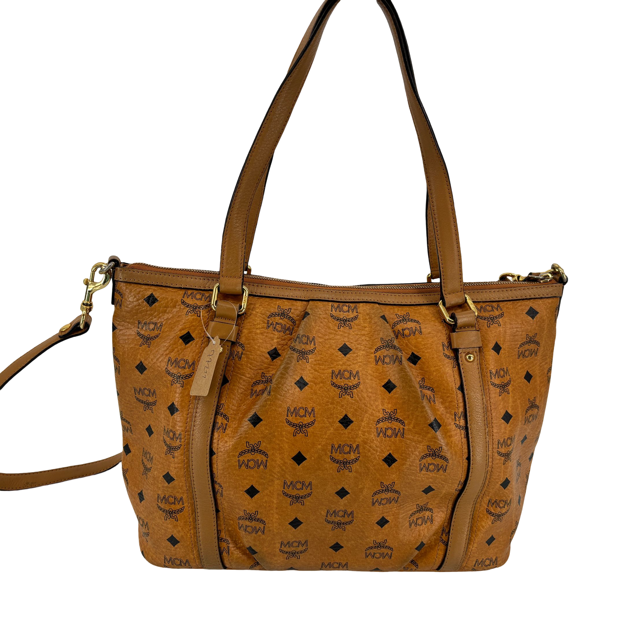 MCM 2Way Tote Bag Beige Visetos Cognac Monogram