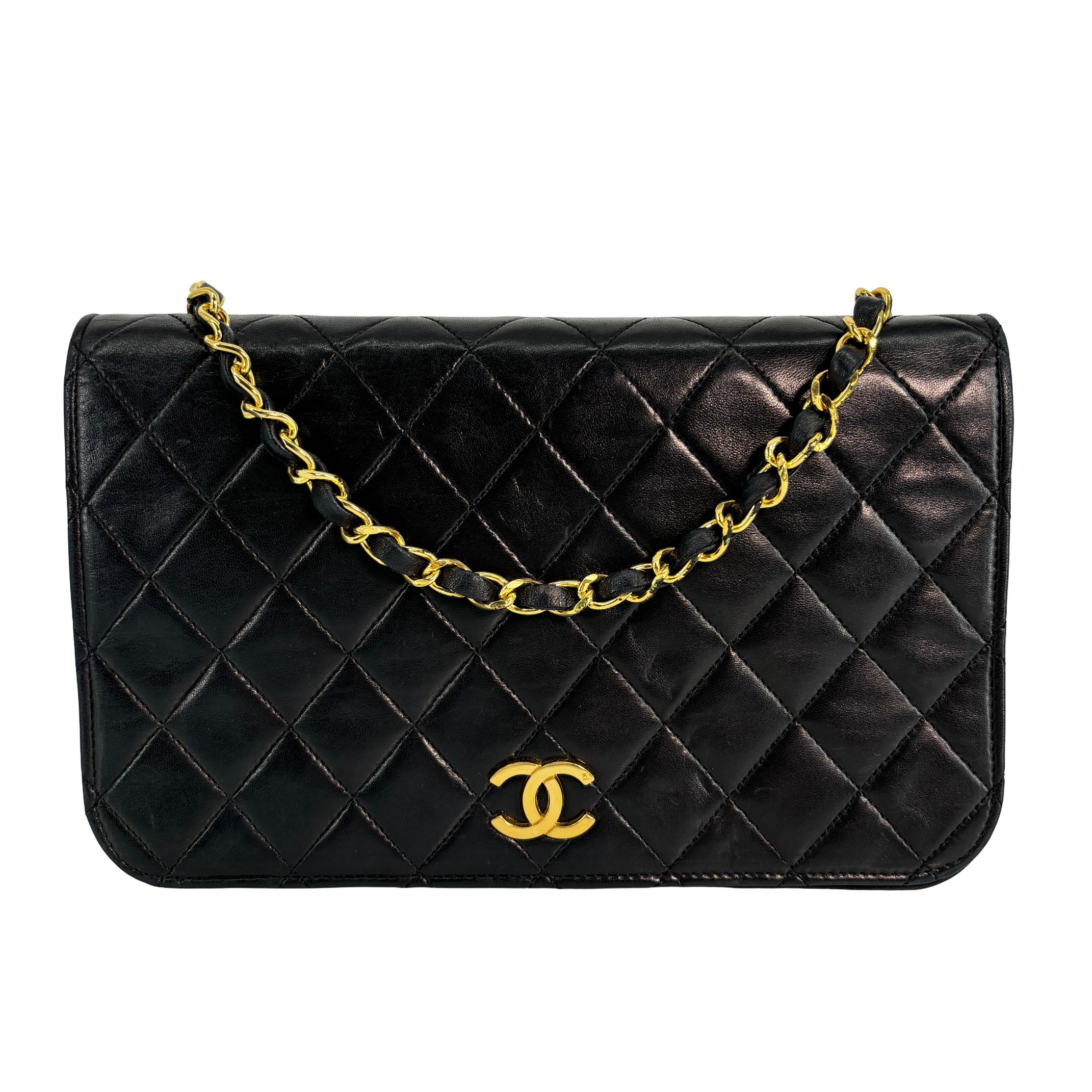 Chanel Full Flap Bag Push-Lock Black Matelassé Leather