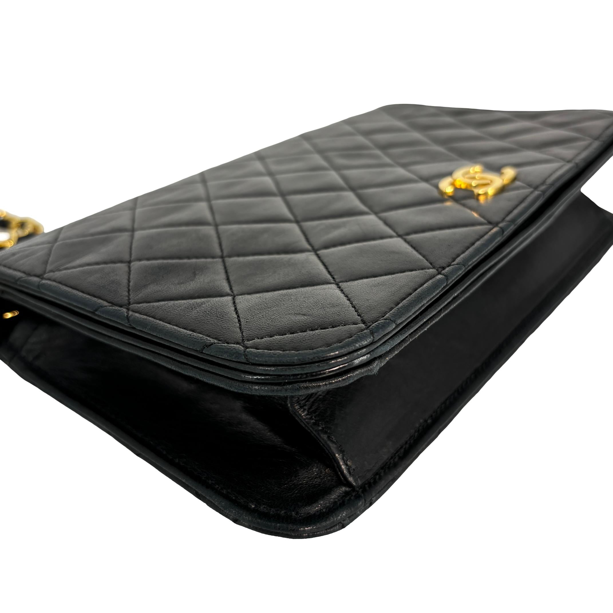 Chanel Full Flap Bag Push-Lock Black Matelassé Leather