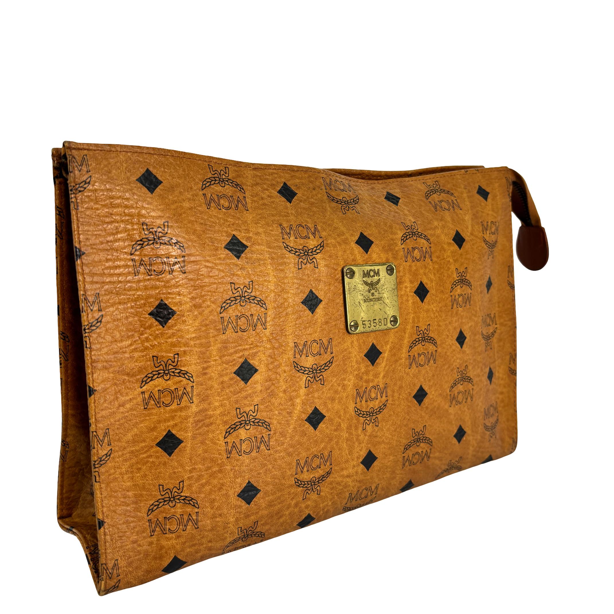 MCM Toiletry Pouch Beige Visetos Cognac Monogram