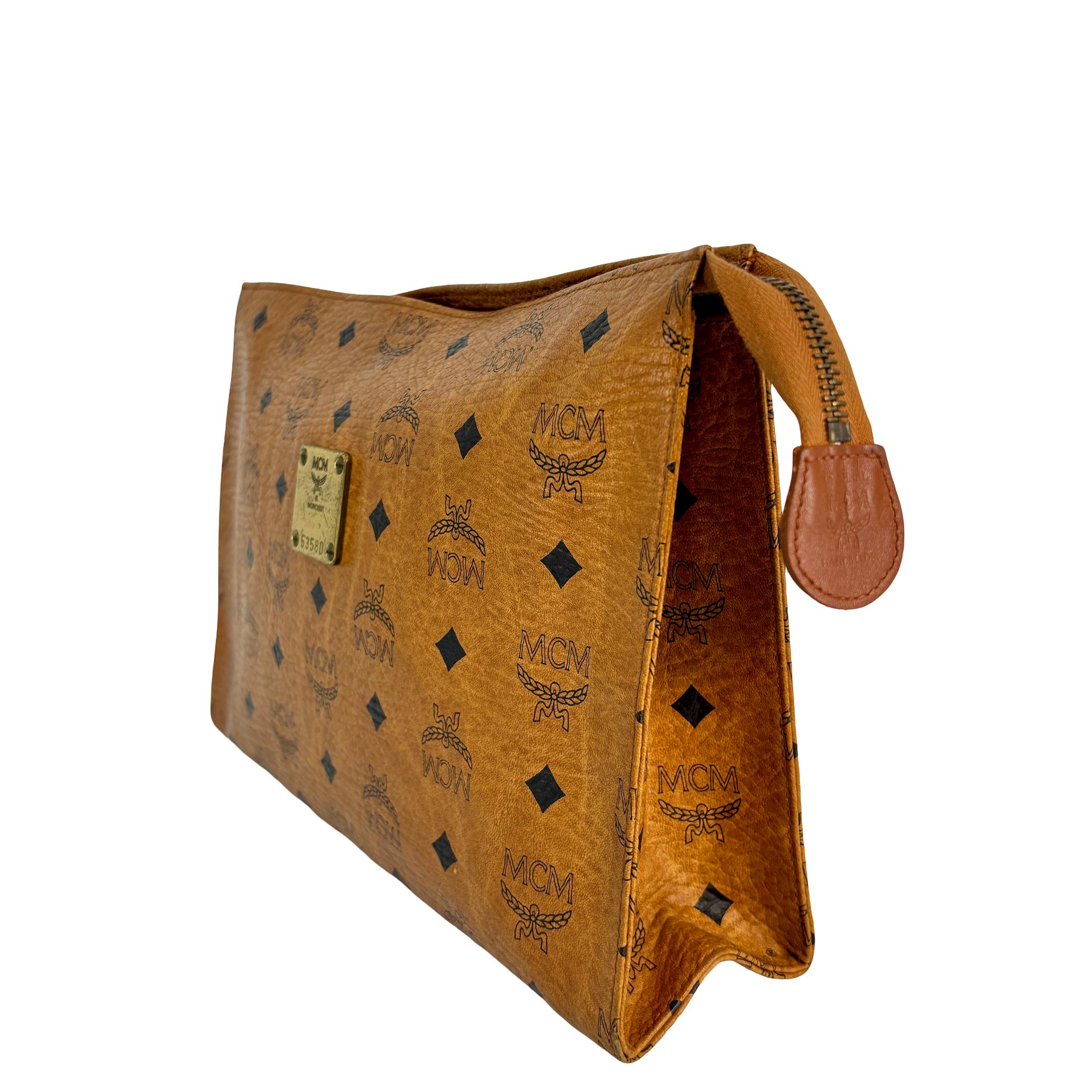 MCM Toiletry Pouch Beige Visetos Cognac Monogram