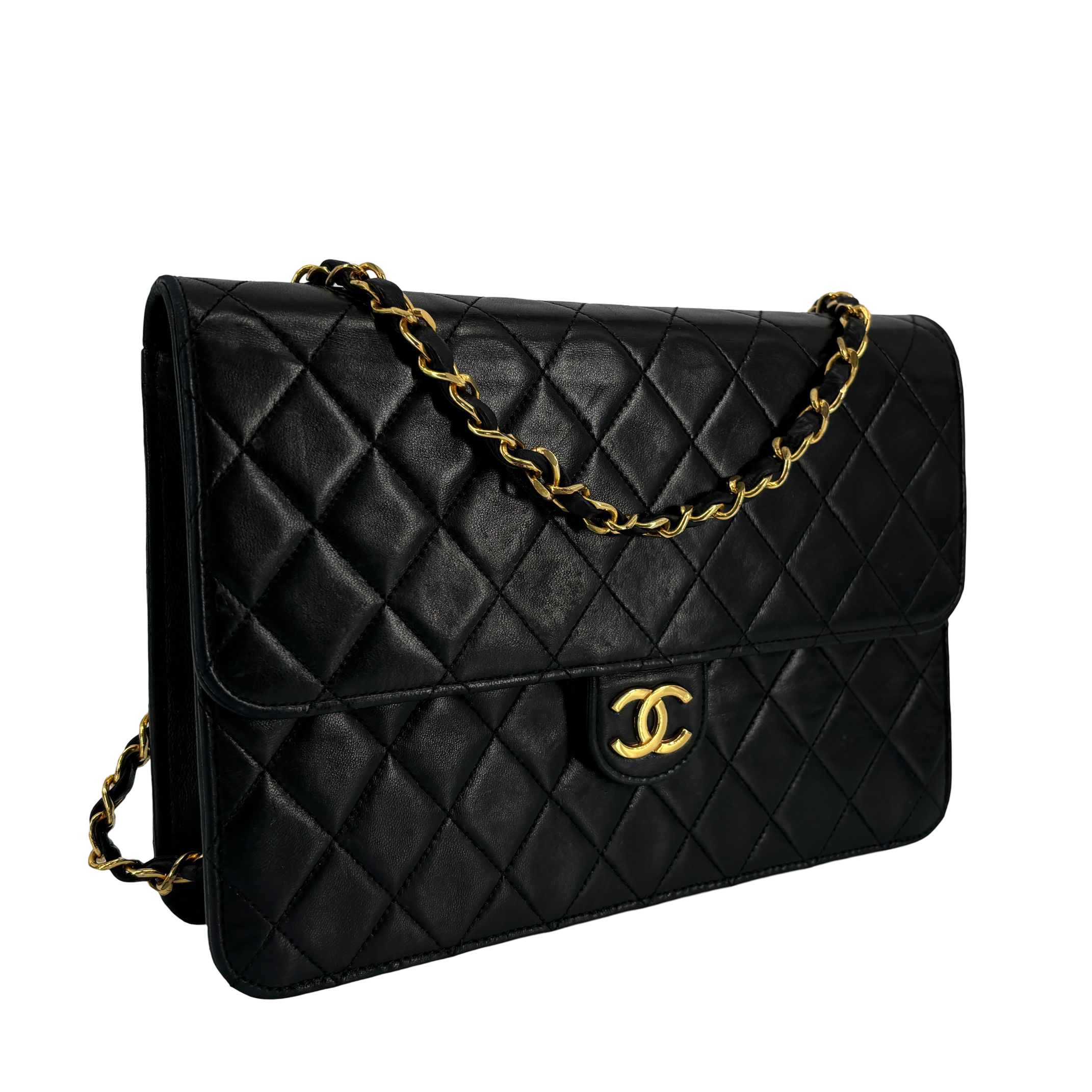 Chanel Single Flap Bag Push-Lock Black Matelassé Leather