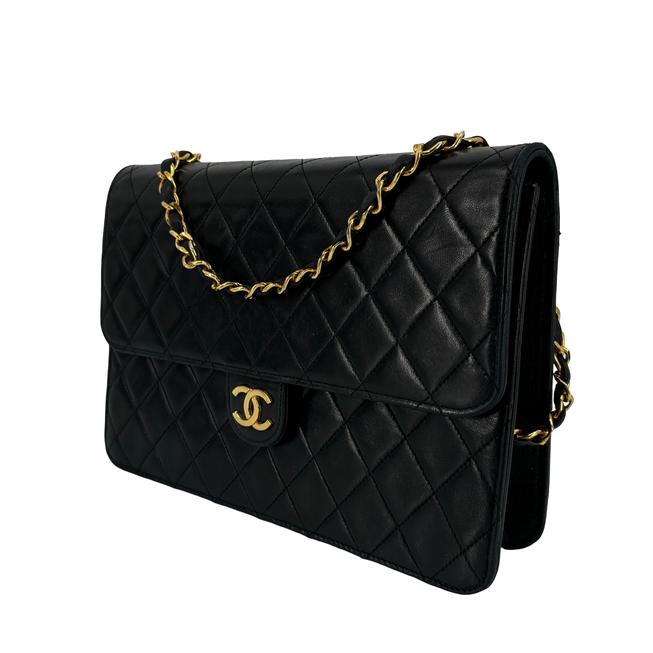 Chanel Single Flap Bag Push-Lock Black Matelassé Leather