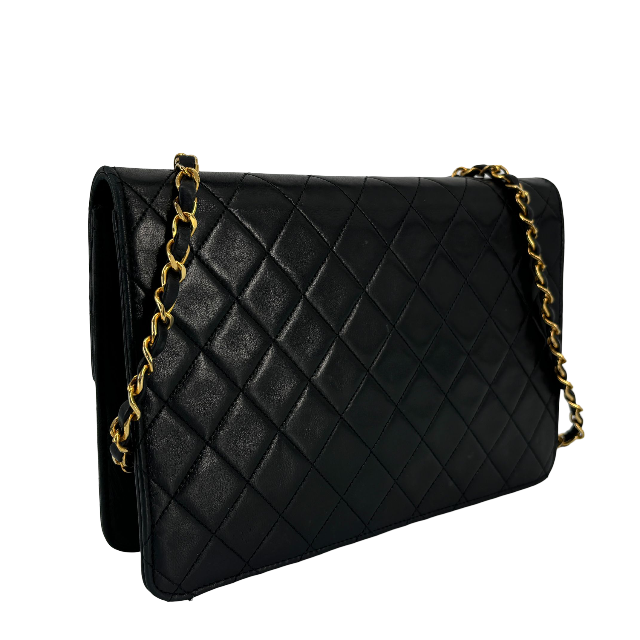 Chanel Single Flap Bag Push-Lock Black Matelassé Leather