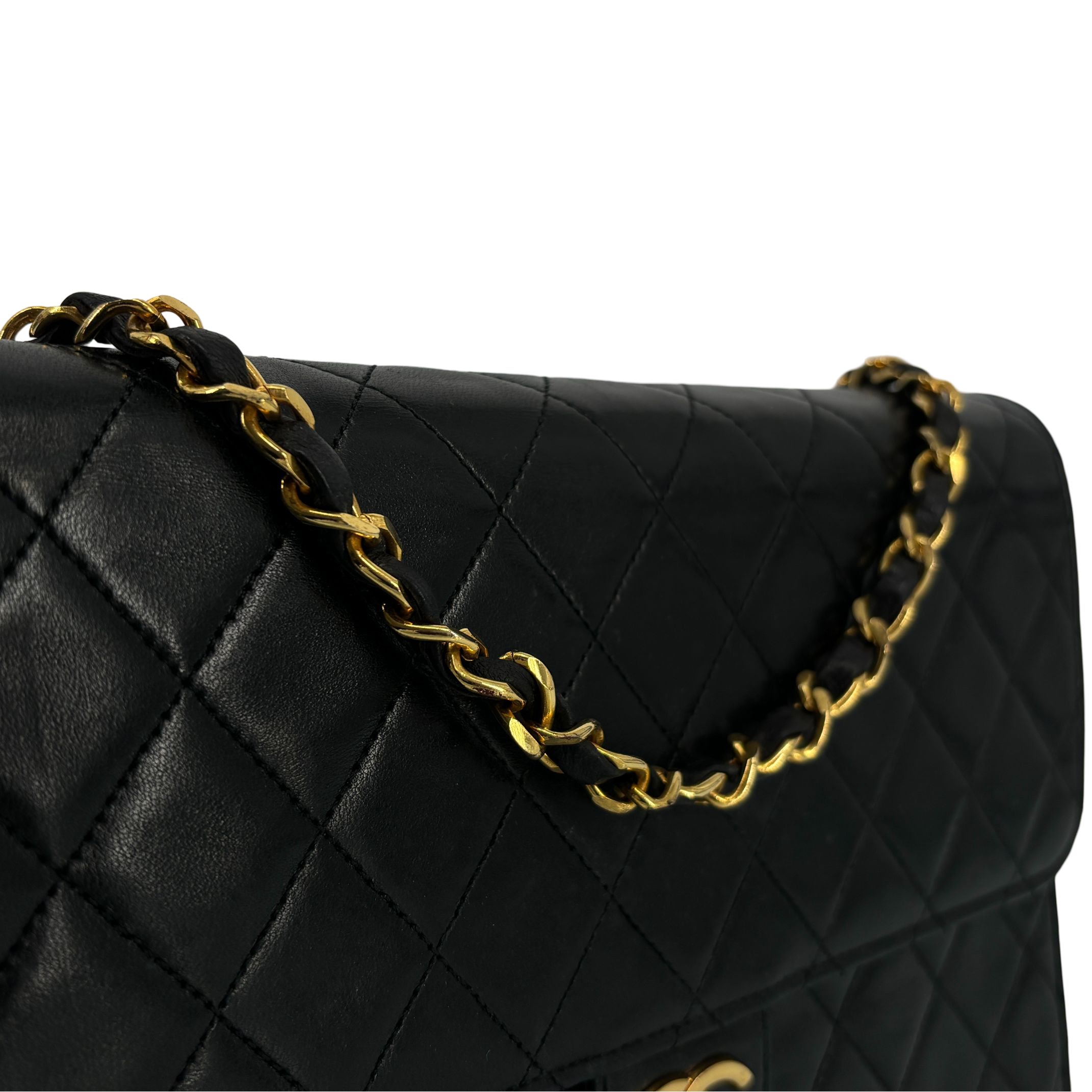 Chanel Single Flap Bag Push-Lock Black Matelassé Leather