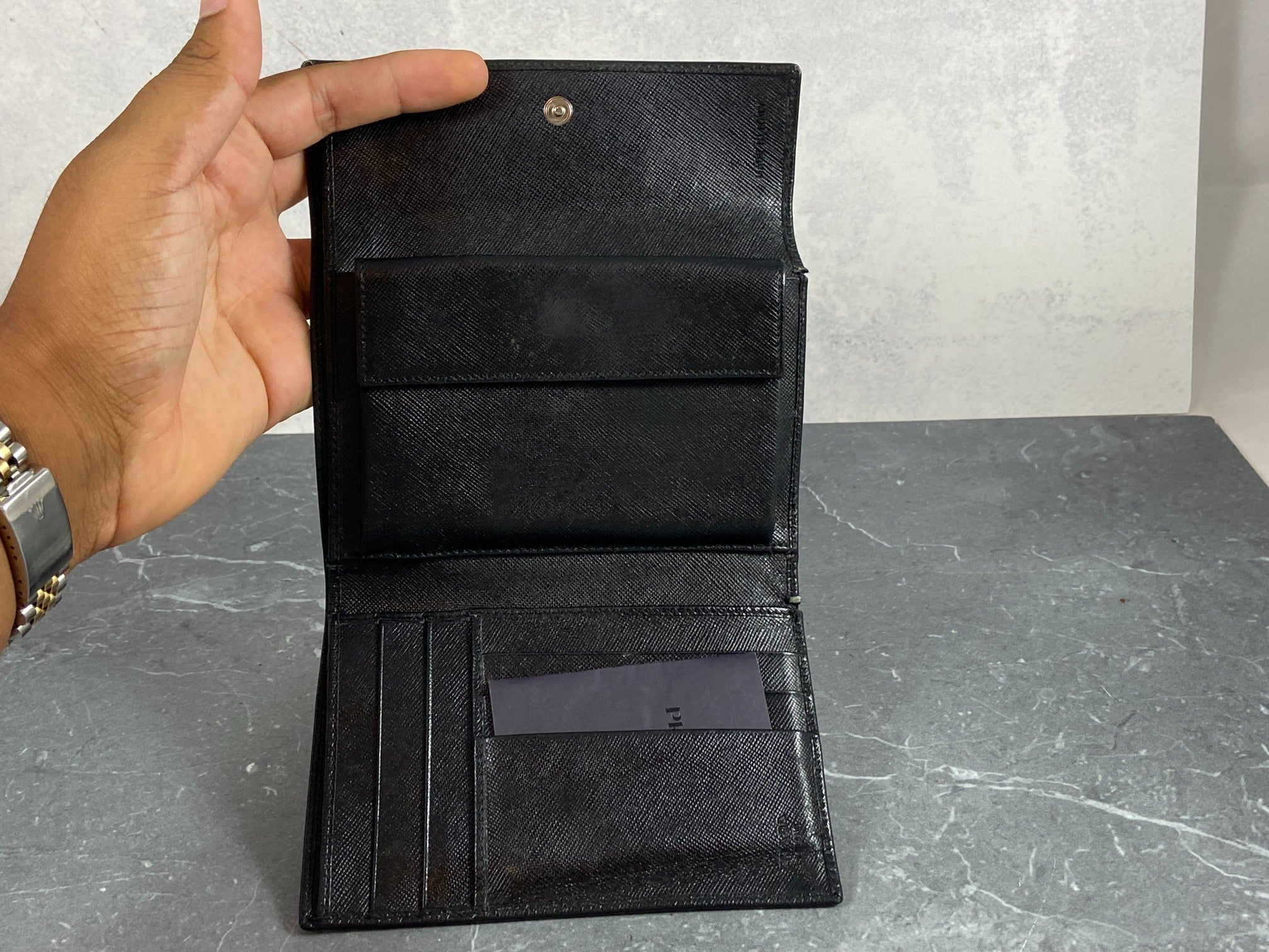 Prada Compact Wallet Black Saffiano Leather