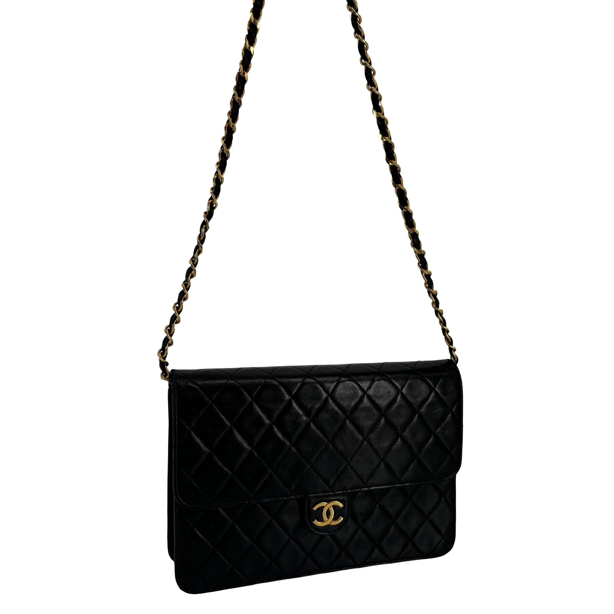 Chanel Single Flap Bag Push-Lock Black Matelassé Leather