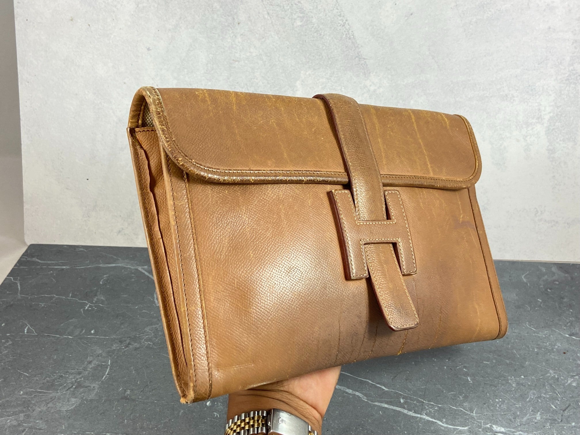 Hermès Jige Clutch Brown Courchevel Leather