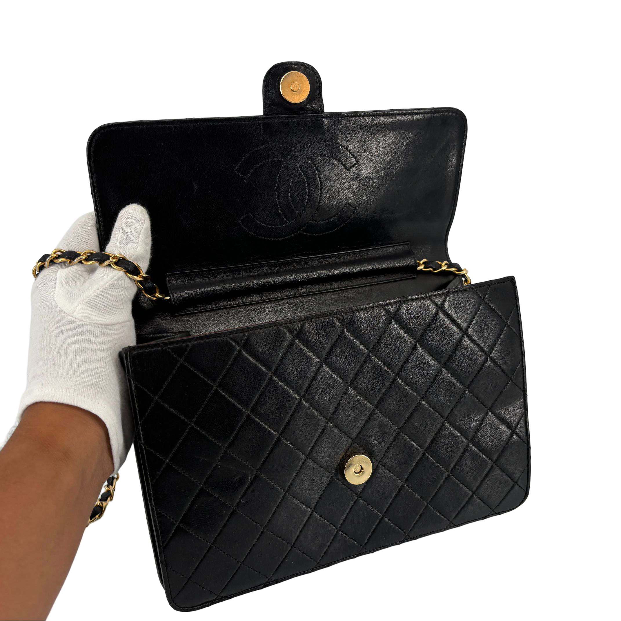 Chanel Single Flap Bag Push-Lock Black Matelassé Leather