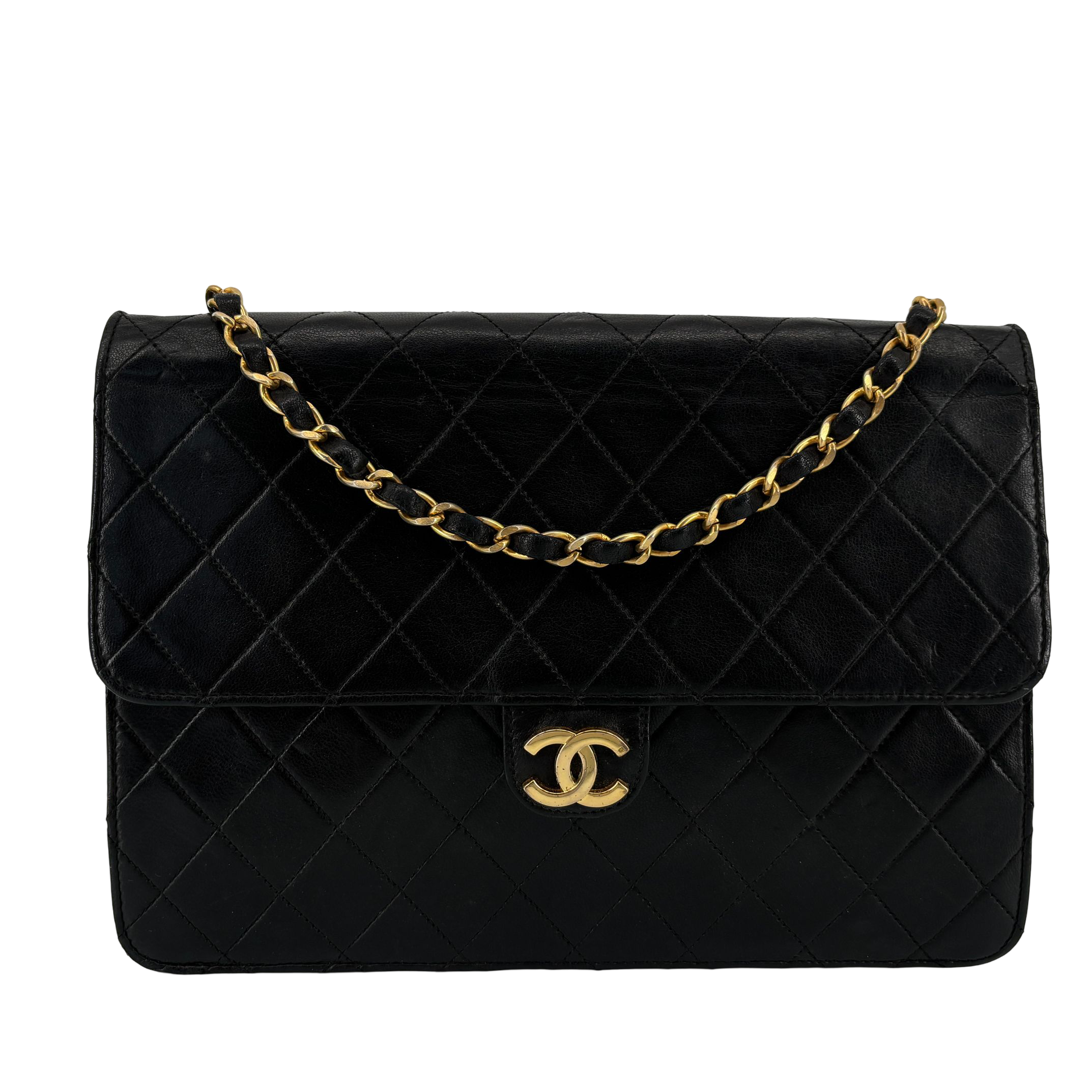 Chanel Single Flap Bag Push-Lock Black Matelassé Leather