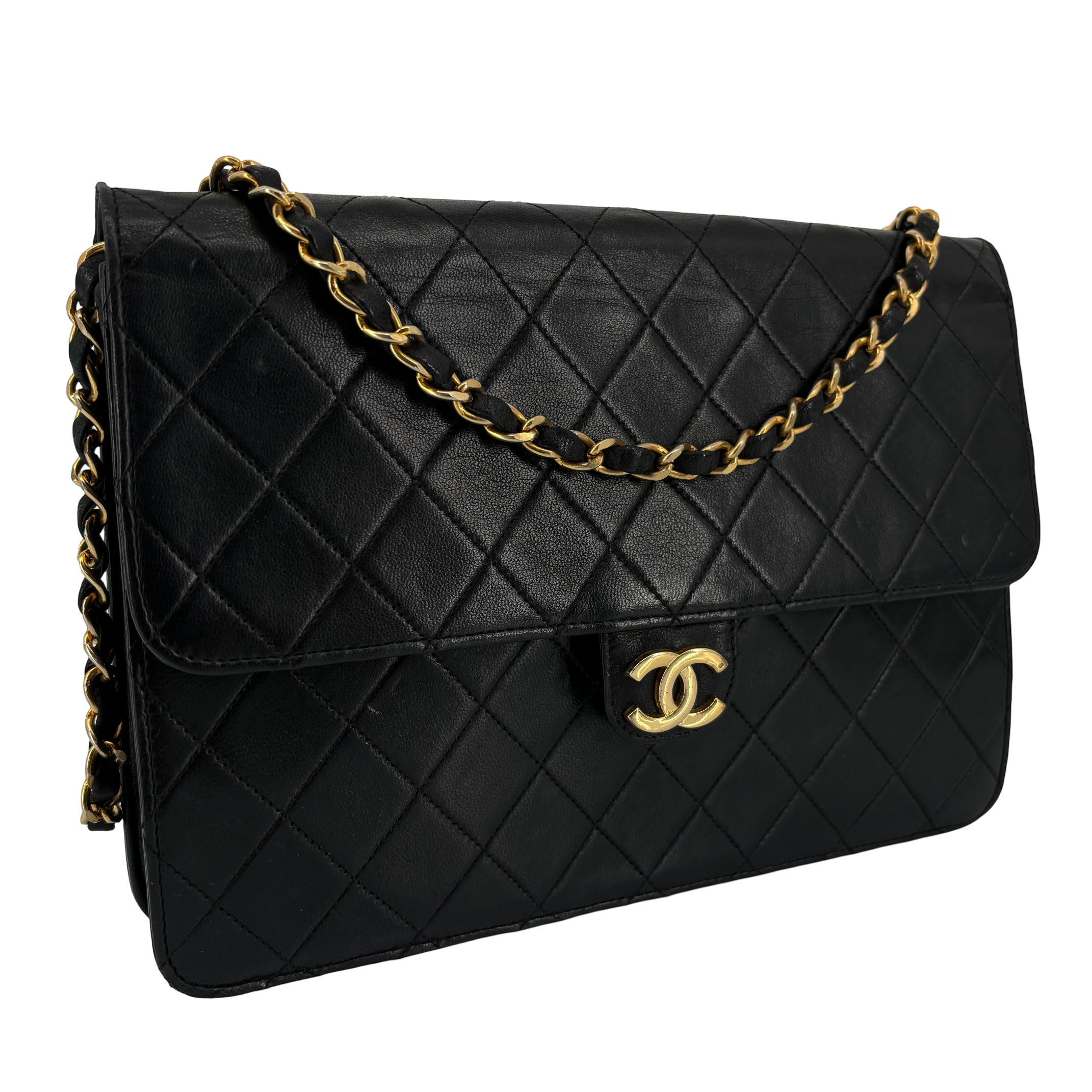 Chanel Single Flap Bag Push-Lock Black Matelassé Leather