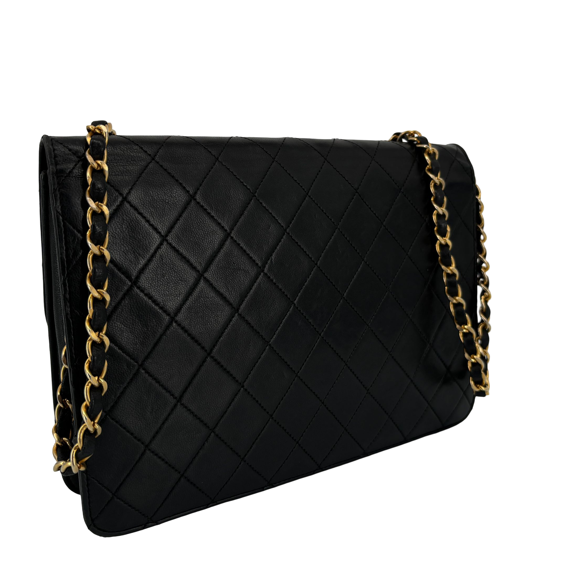 Chanel Single Flap Bag Push-Lock Black Matelassé Leather