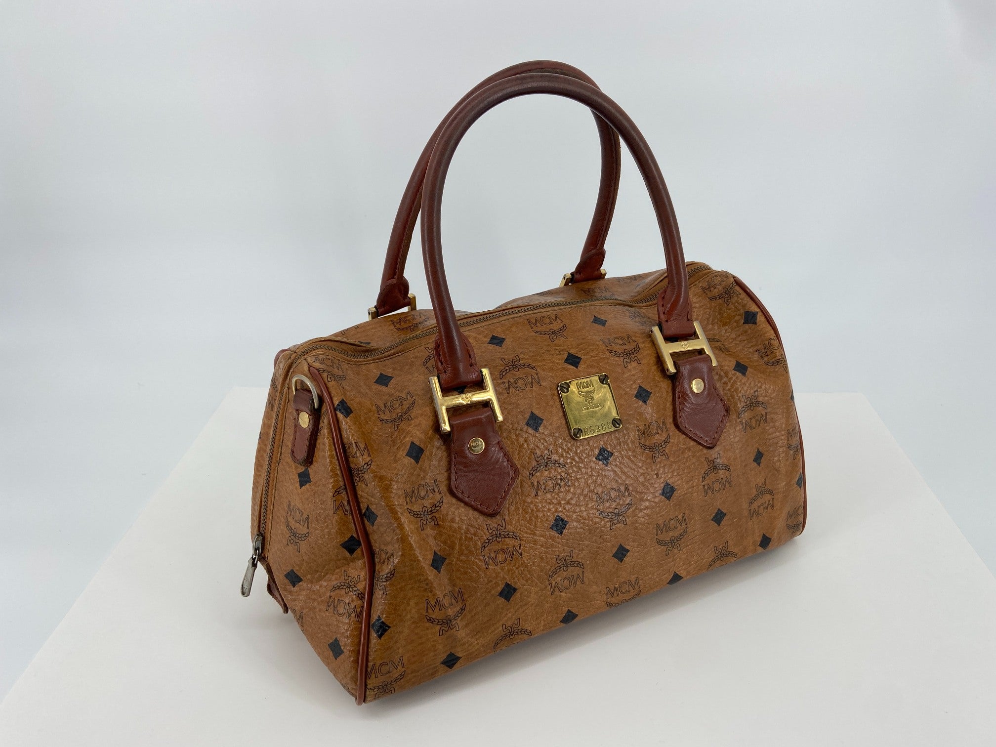 MCM Hand / Boston Bag Beige Visetos Cognac Monogram