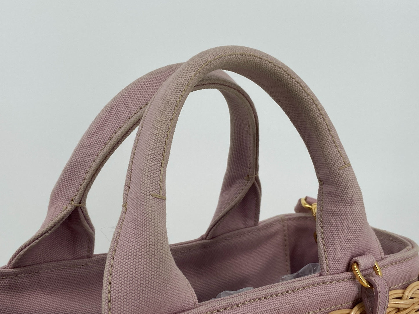 Prada BN2835 Midollino Canapa Hand Bag Beige & Pink full set