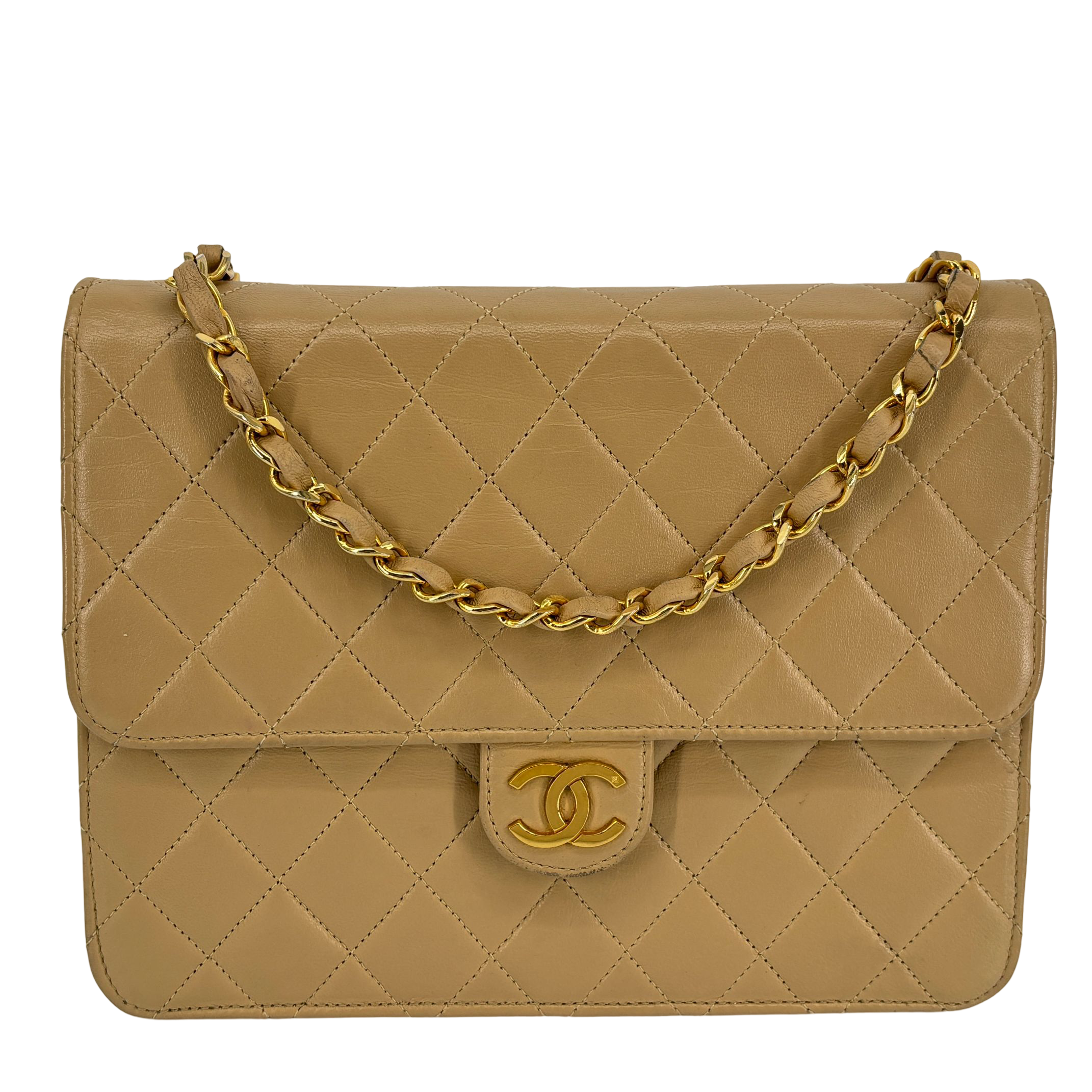 Chanel Single Flap Bag Push-Lock Beige Matelassé Leather