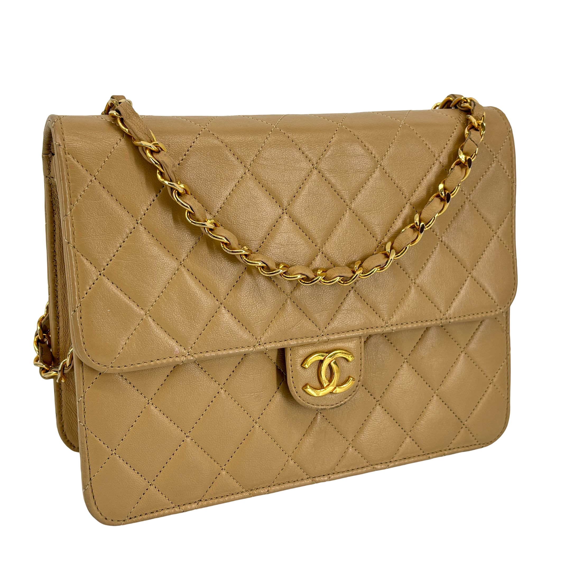 Chanel Single Flap Bag Push-Lock Beige Matelassé Leather