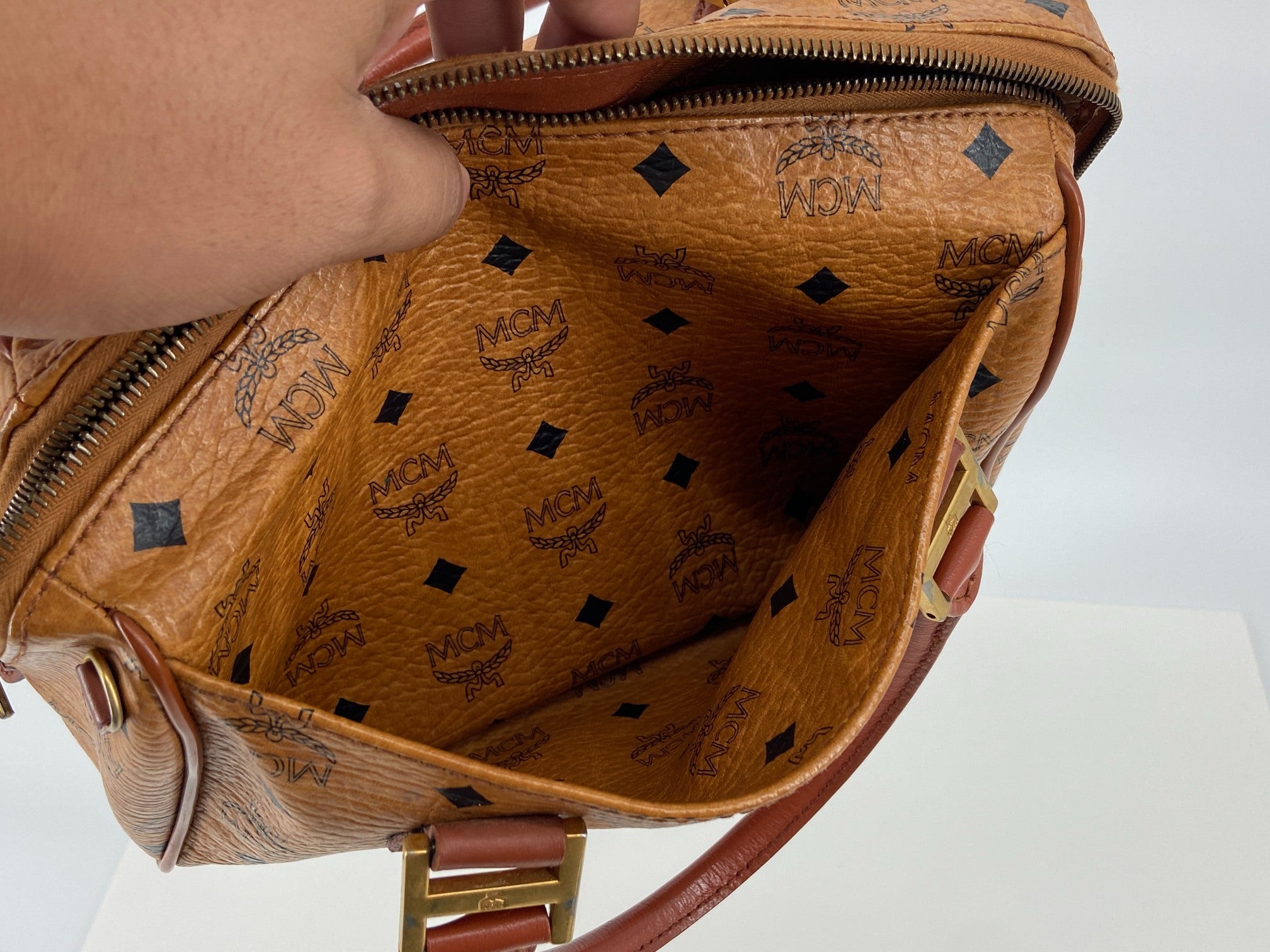 MCM Hand / Boston Bag Beige Visetos Cognac Monogram