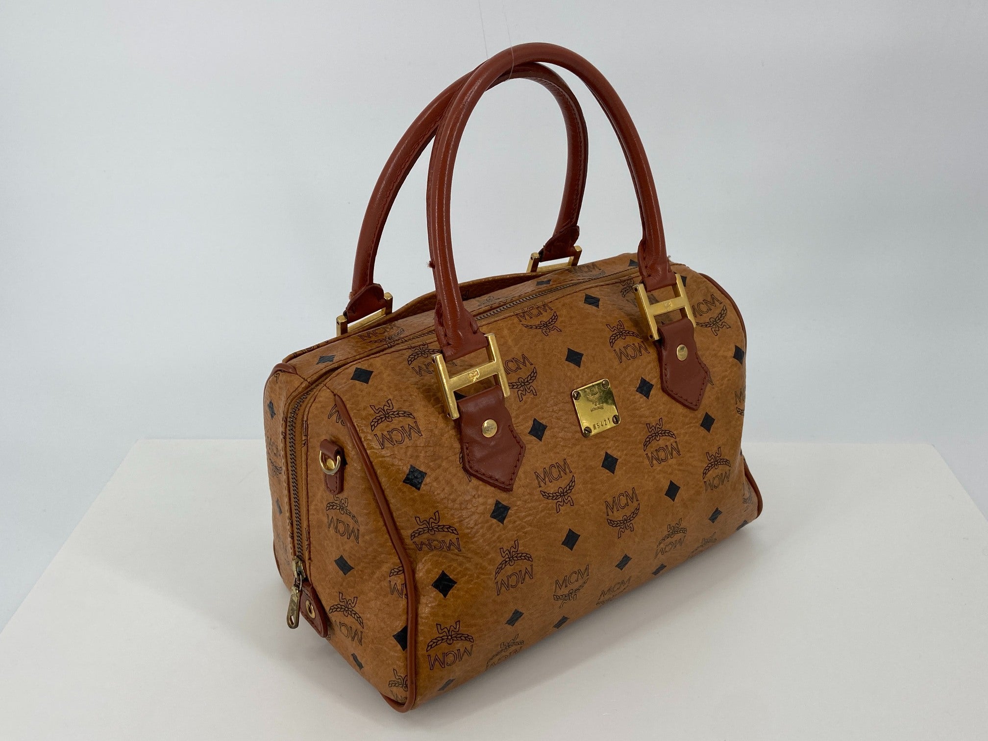 MCM Hand / Boston Bag Beige Visetos Cognac Monogram