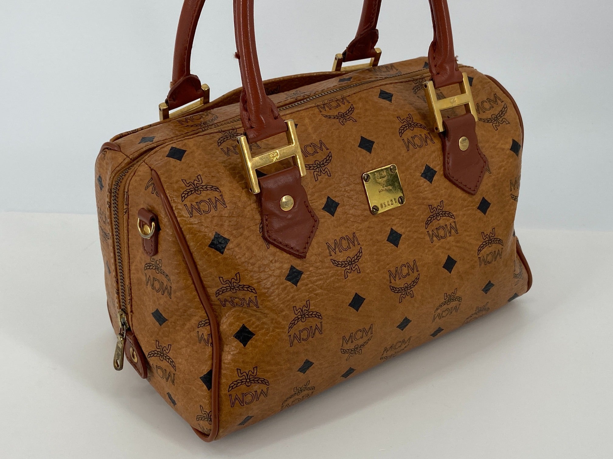 MCM Hand / Boston Bag Beige Visetos Cognac Monogram