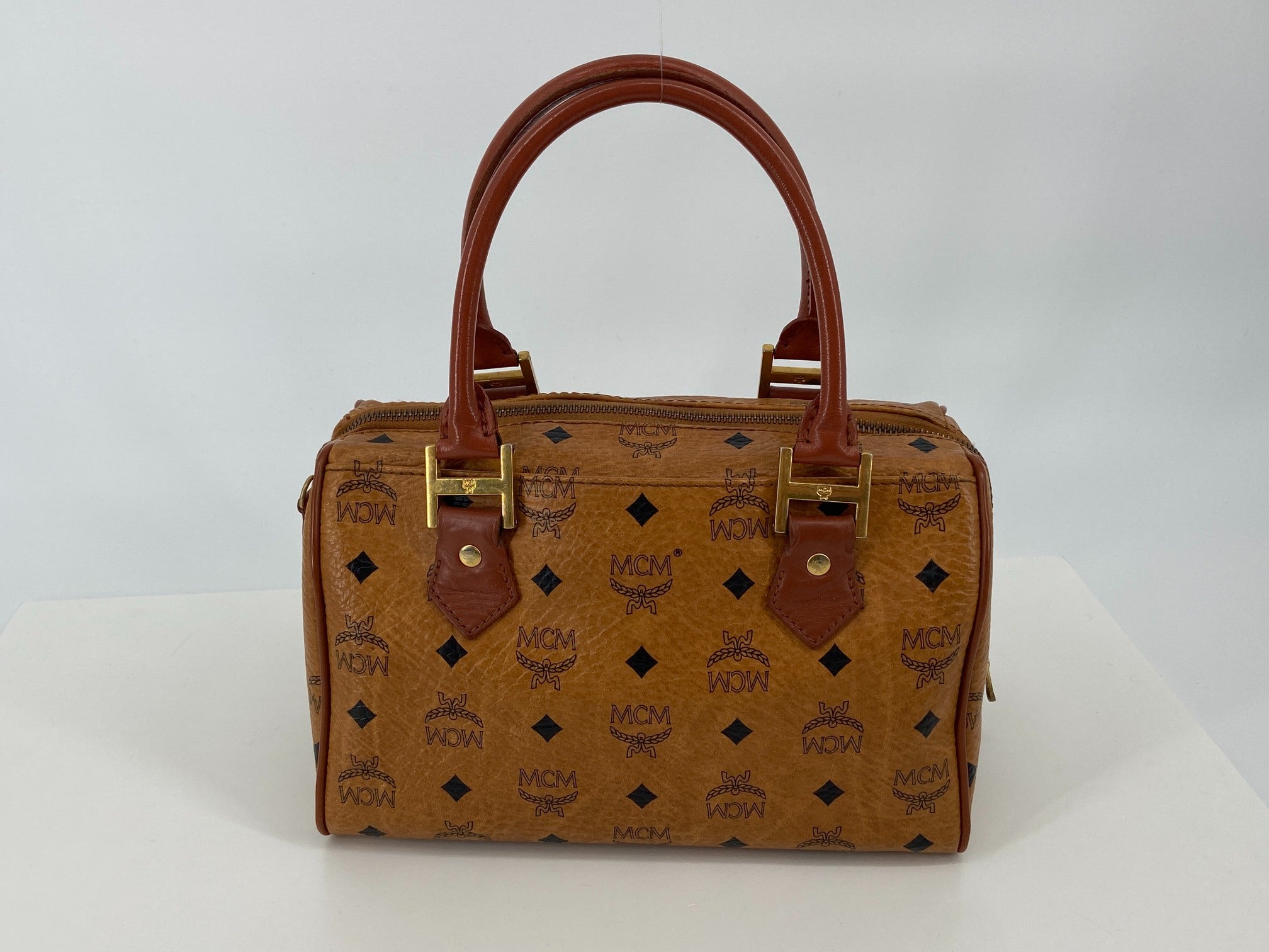 MCM Hand / Boston Bag Beige Visetos Cognac Monogram