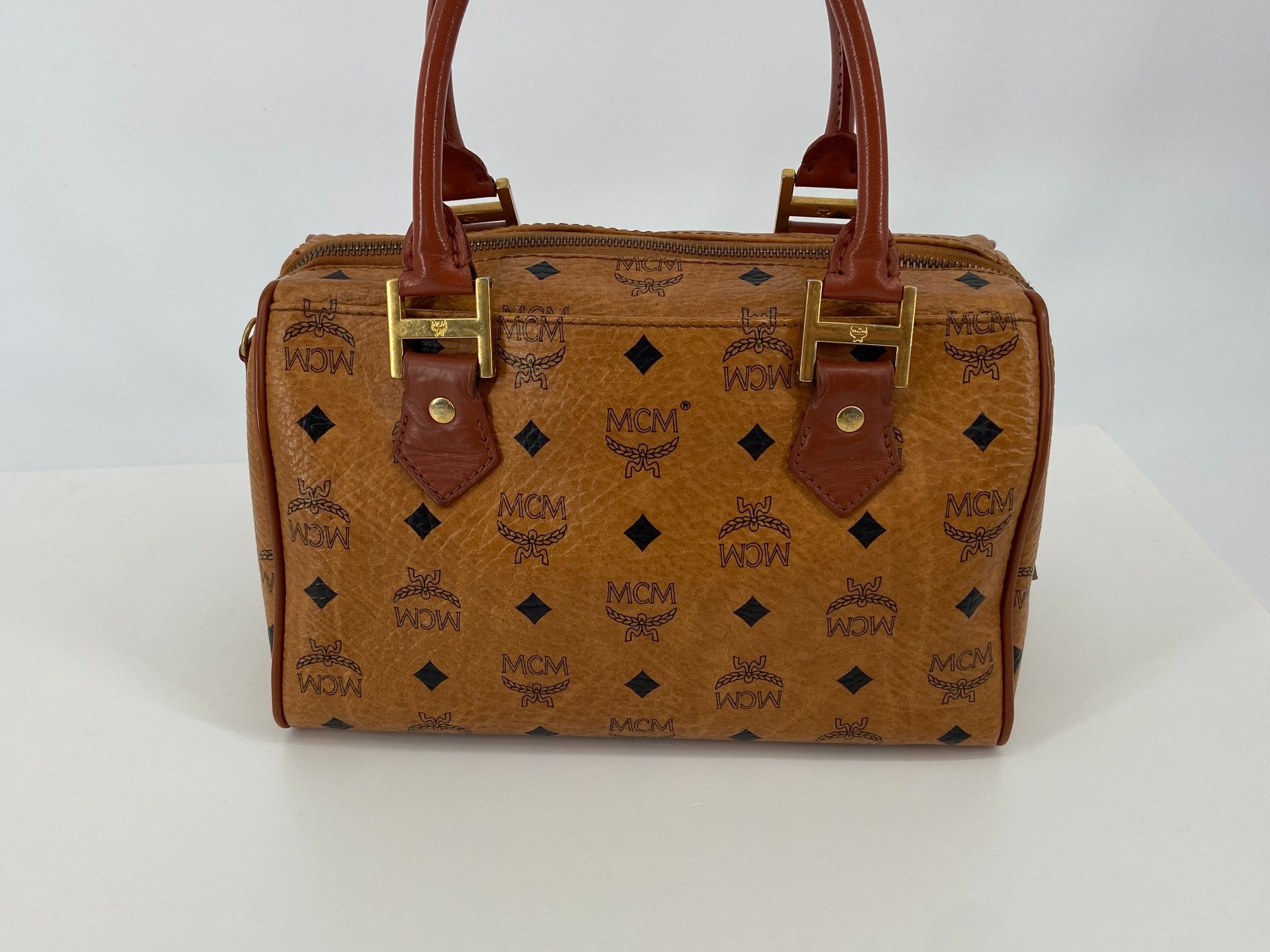 MCM Hand / Boston Bag Beige Visetos Cognac Monogram