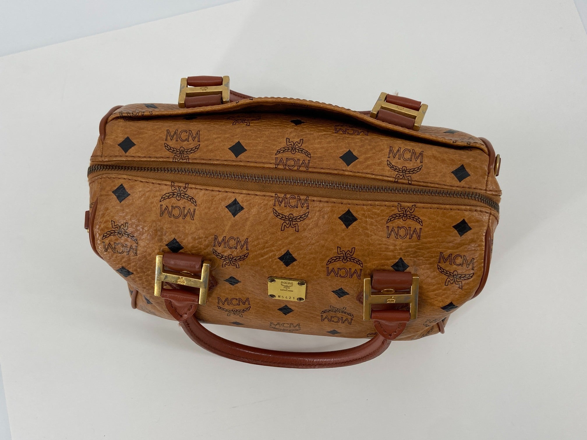 MCM Hand / Boston Bag Beige Visetos Cognac Monogram