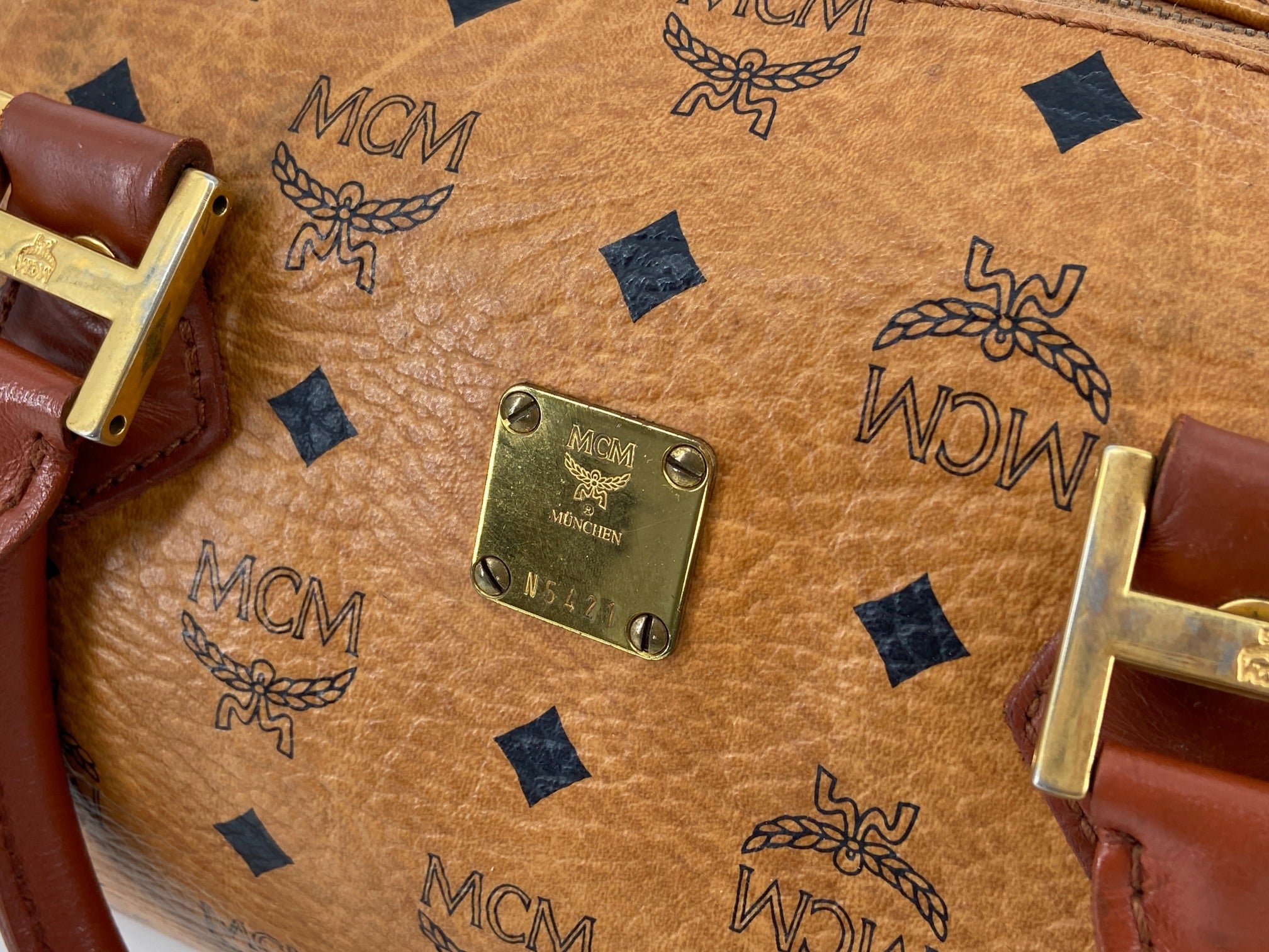 MCM Hand / Boston Bag Beige Visetos Cognac Monogram