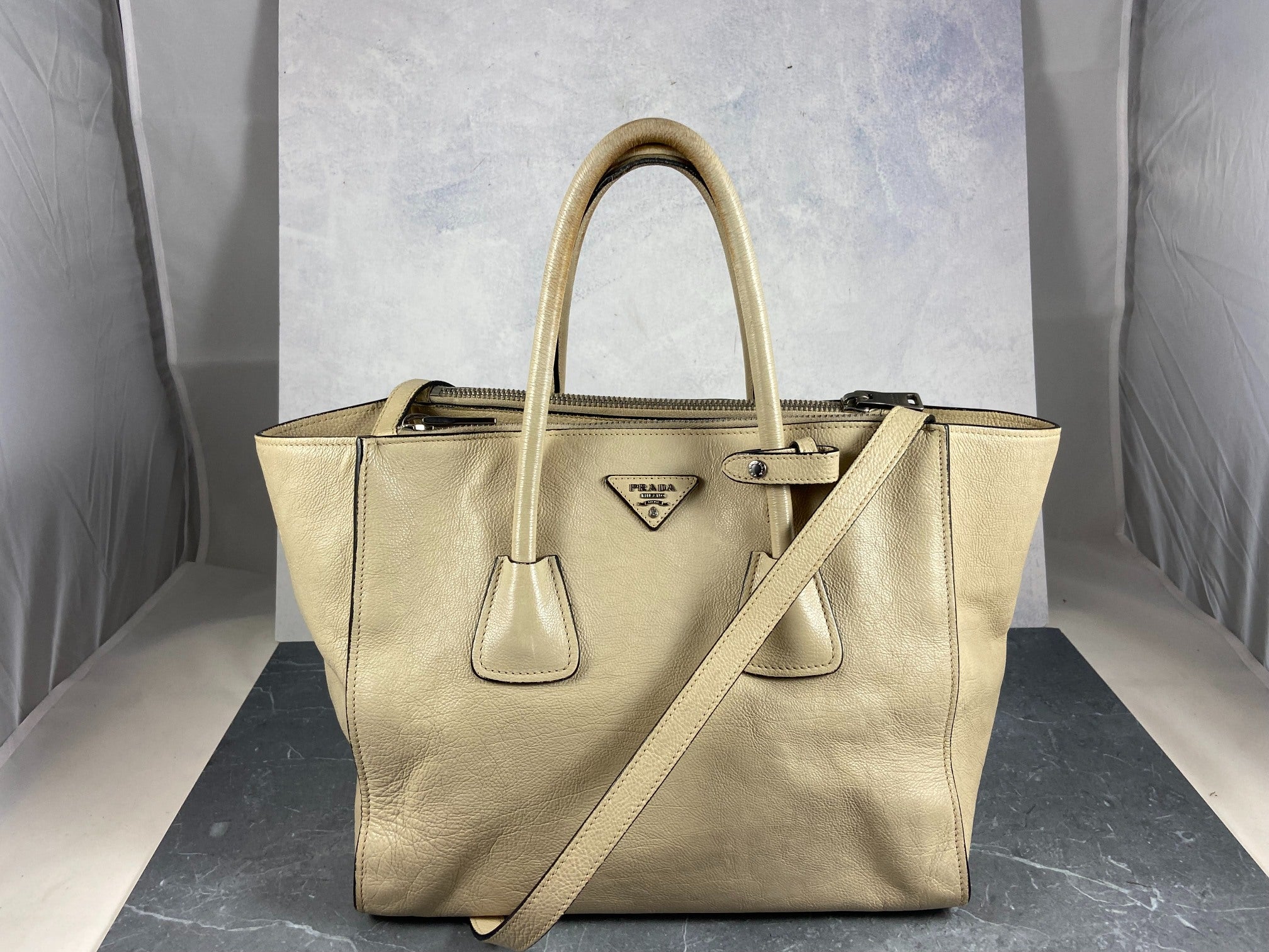 Prada Twin Zip Hand / Shoulder Bag Beige Leather