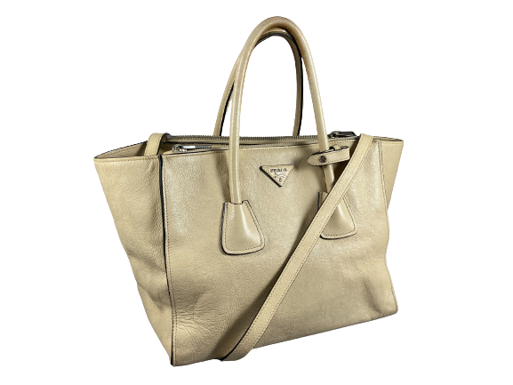 Prada Twin Zip Hand / Shoulder Bag Beige Leather