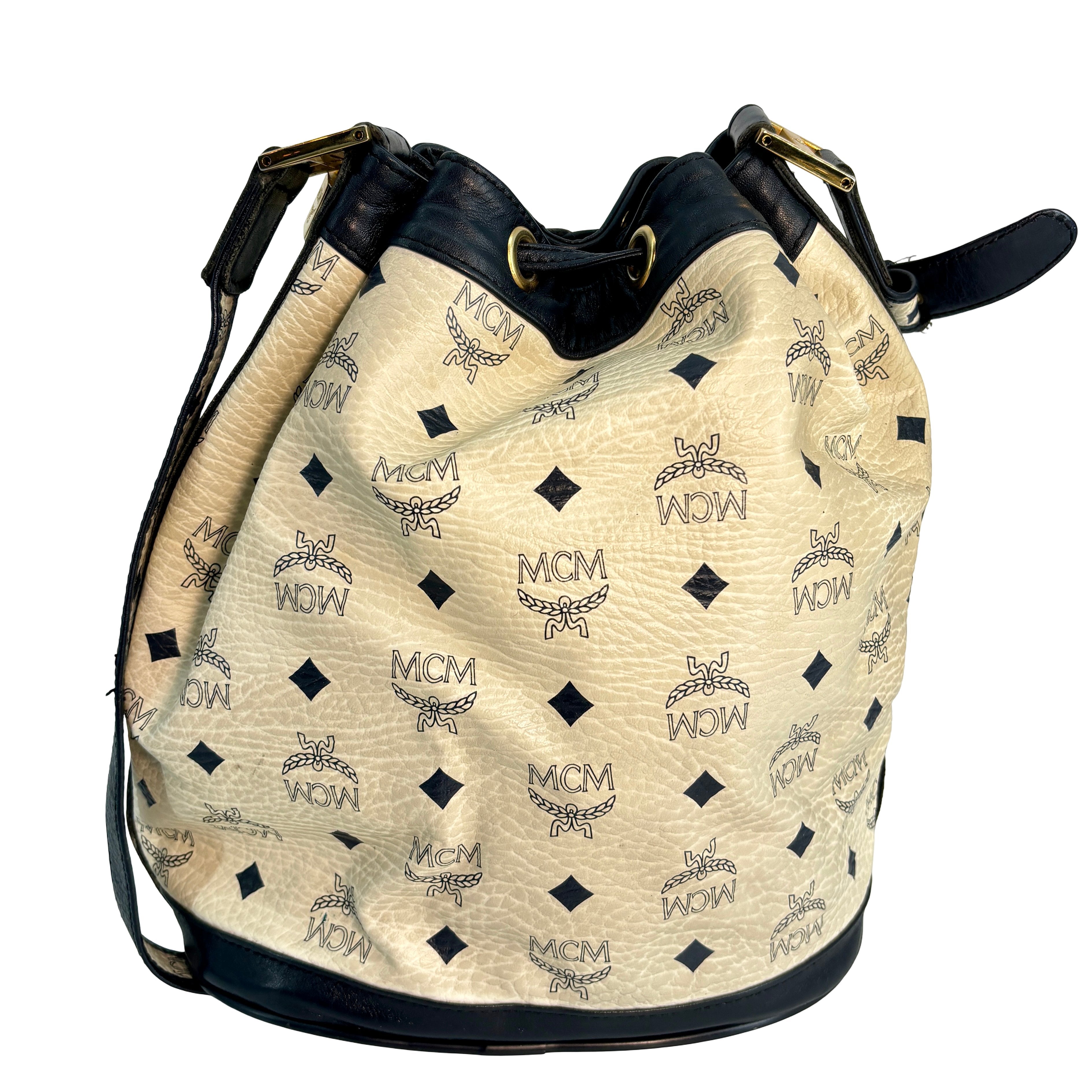 MCM Bucket Drawstring Bag White Visetos Monogram