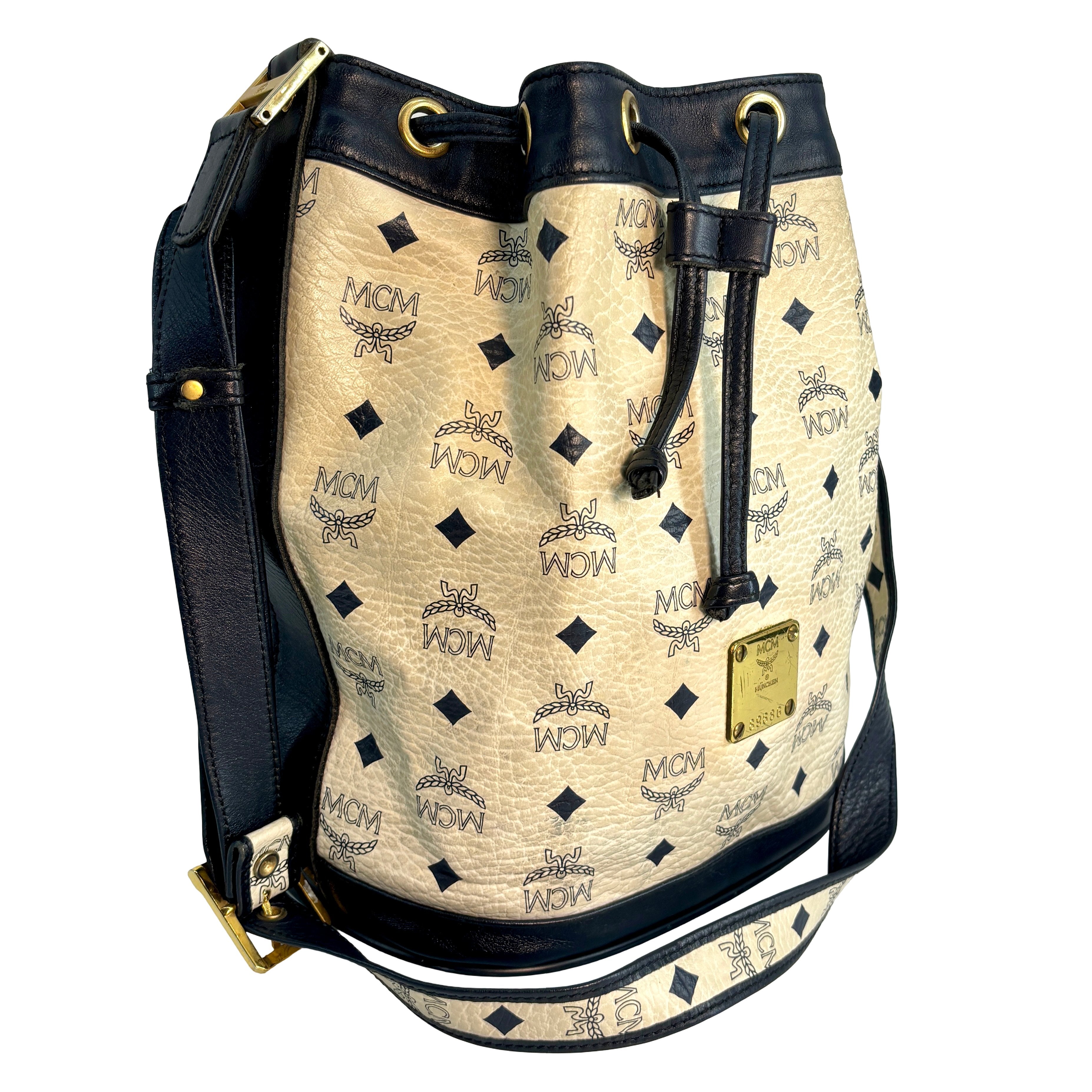 MCM Bucket Drawstring Bag White Visetos Monogram
