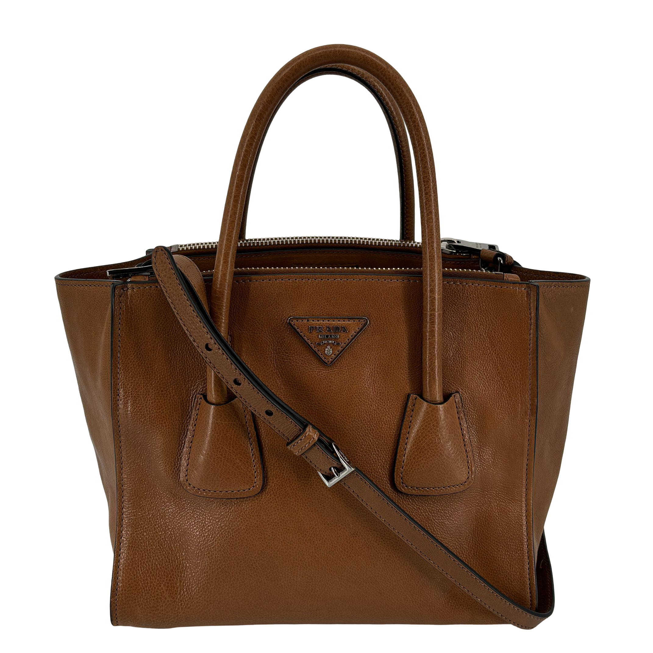 Prada Twin Zip Hand / Shoulder Bag Brown Leather incl. Dustbag