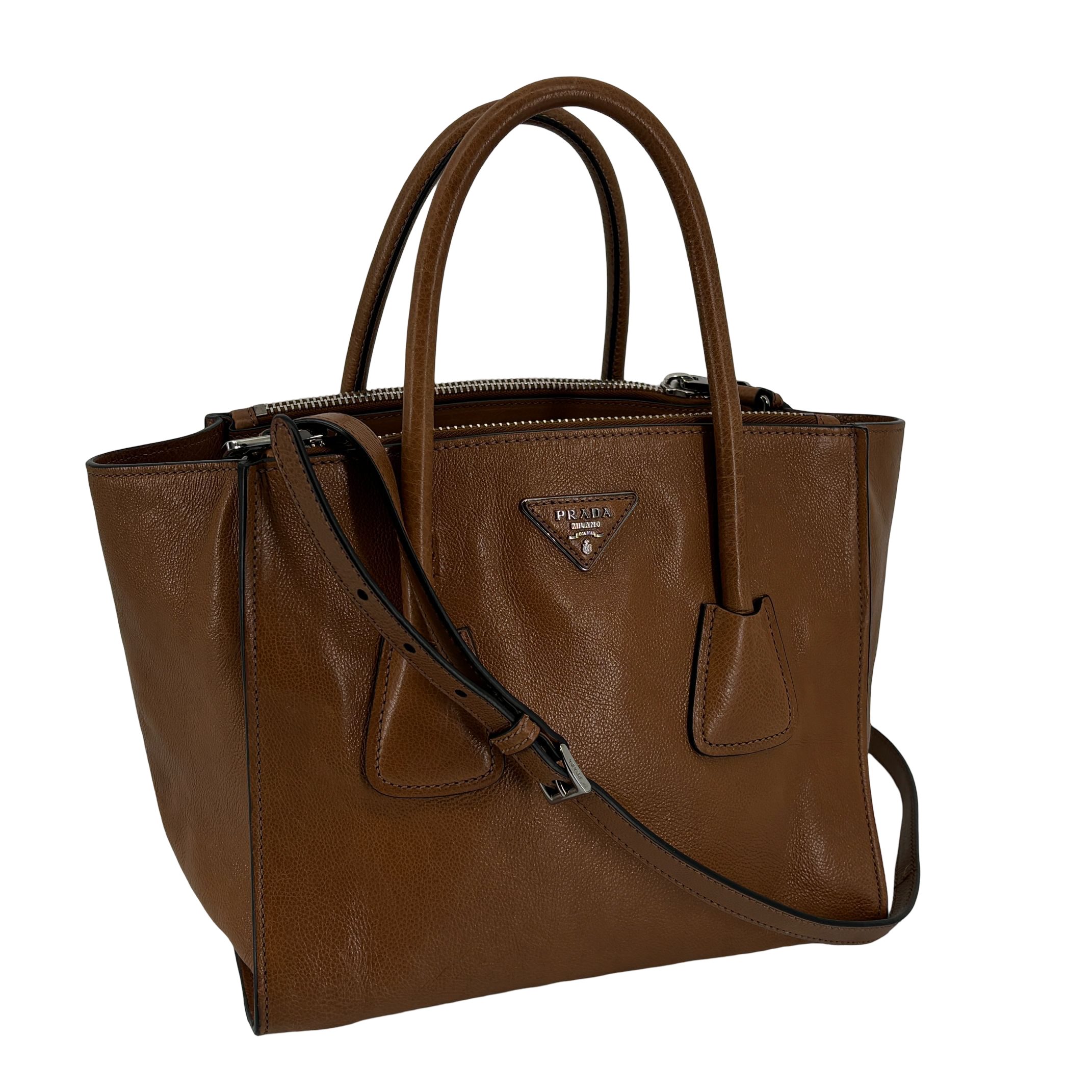 Prada Twin Zip Hand / Shoulder Bag Brown Leather incl. Dustbag