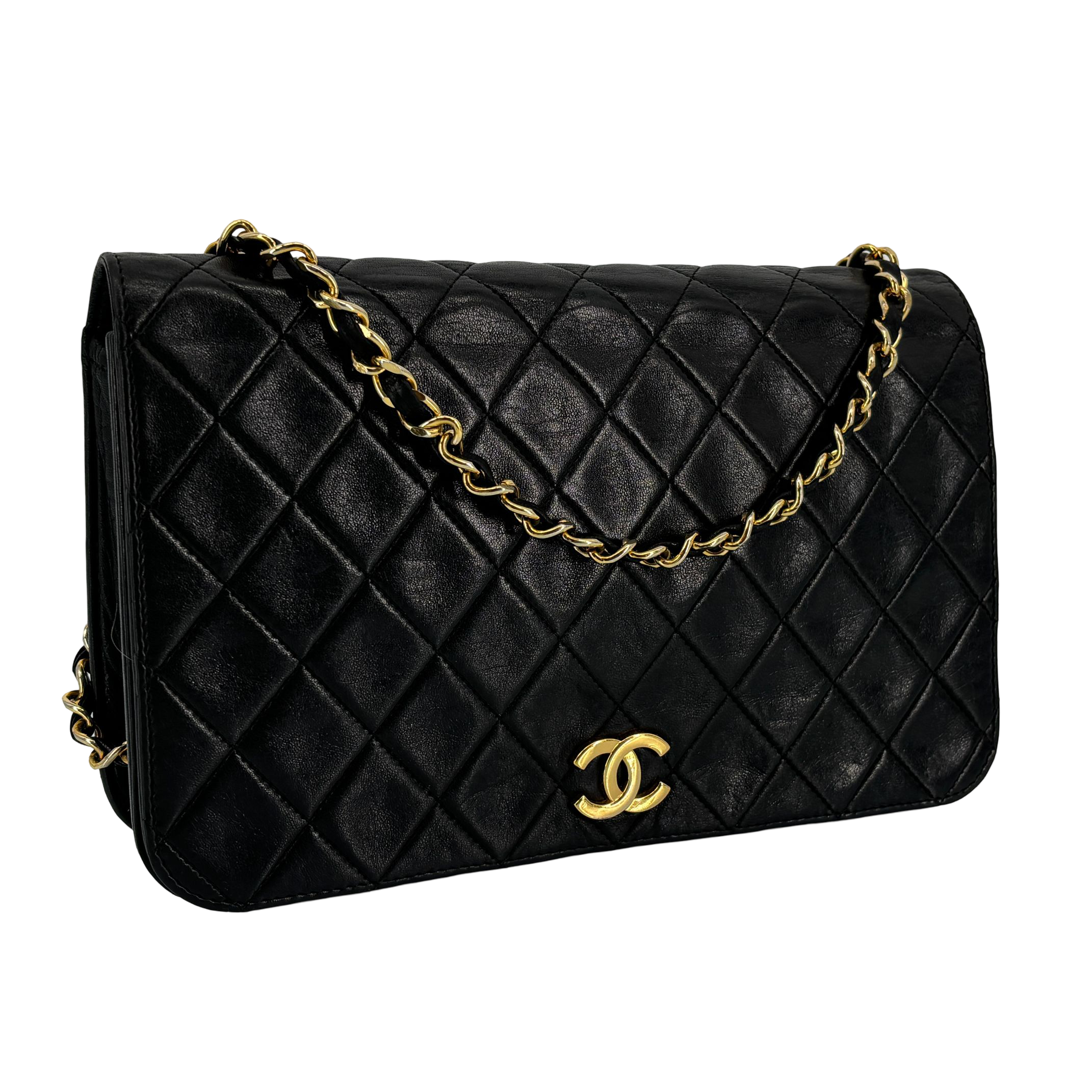 Chanel Full Flap Bag Push-Lock Black Matelassé Leather