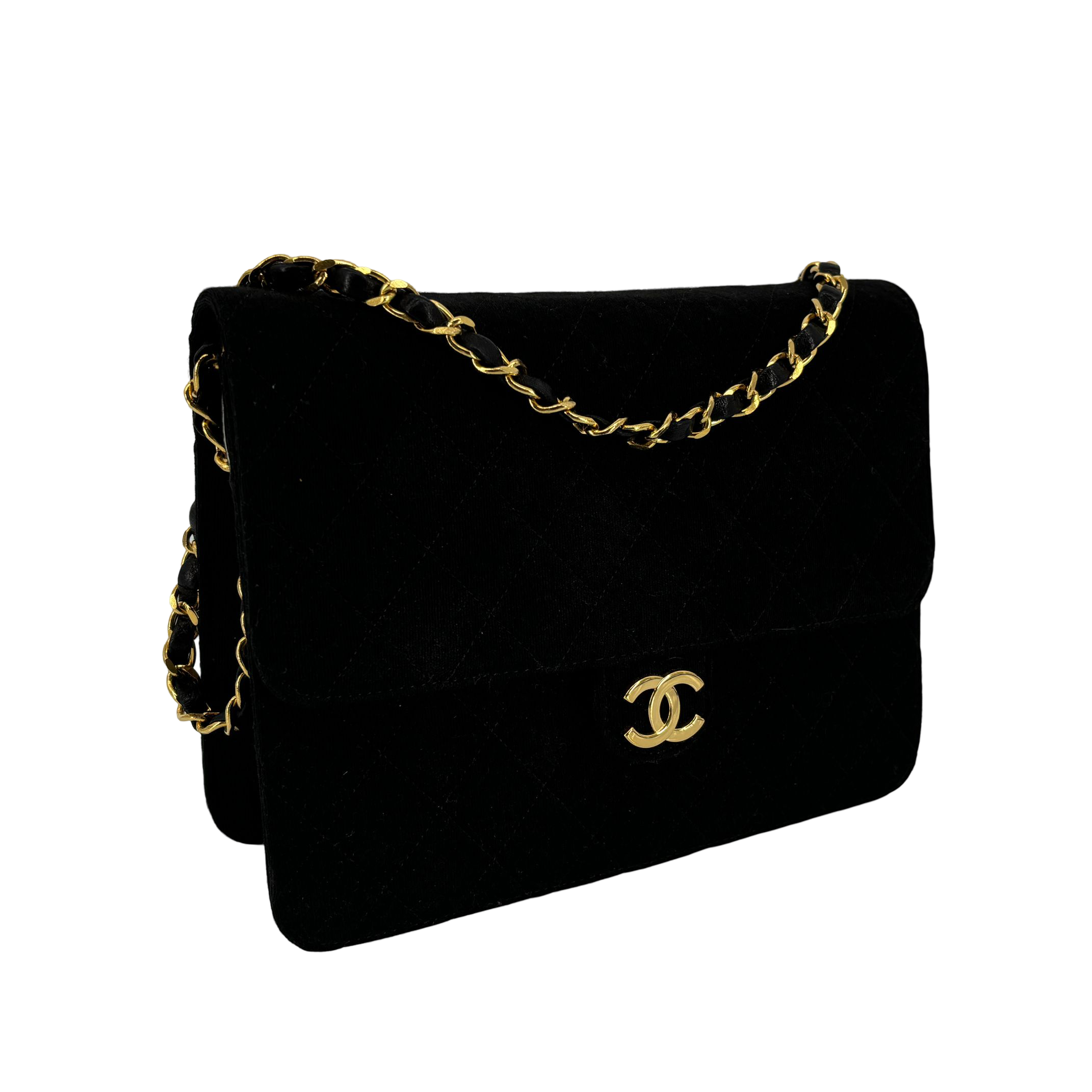 Chanel Single Flap Bag Push-Lock Black Matelassé Jersey