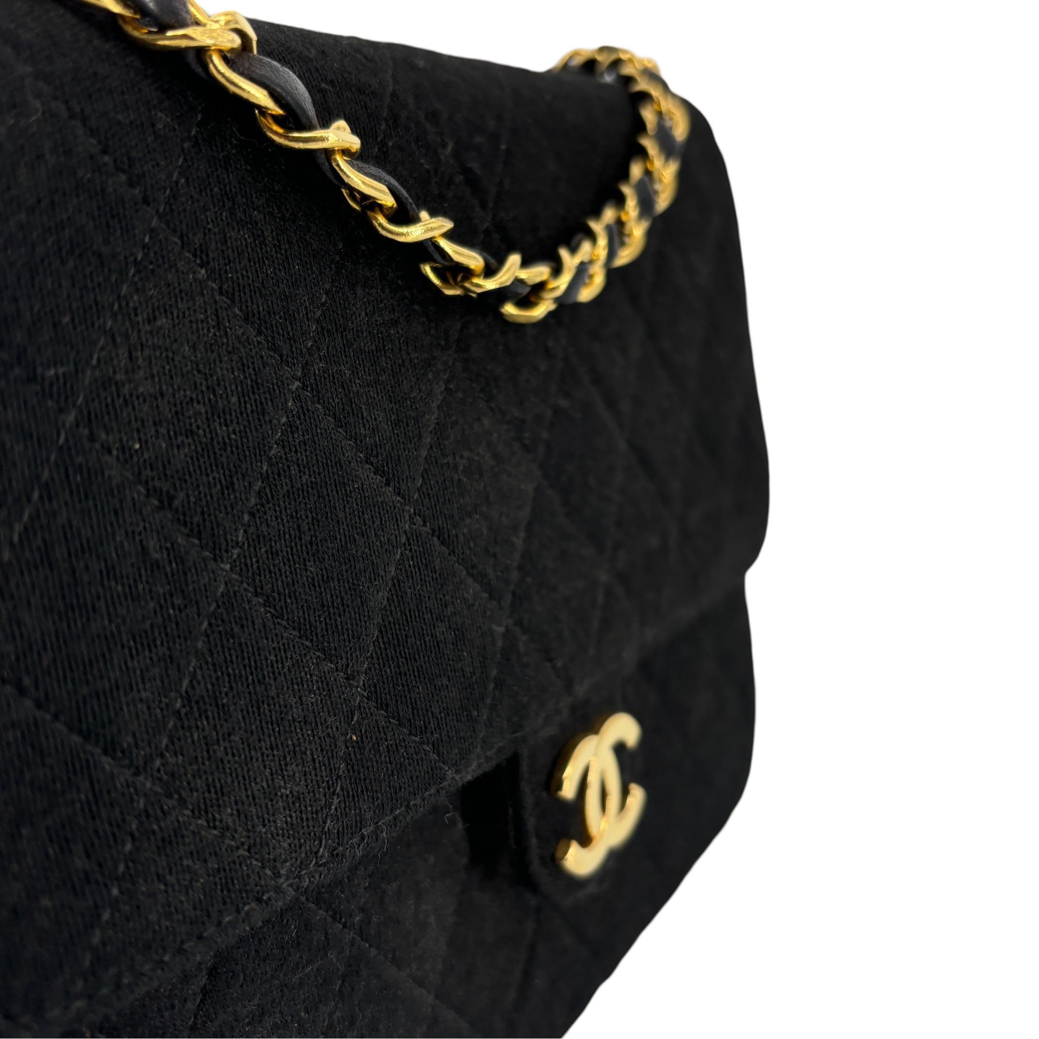 Chanel Single Flap Bag Push-Lock Black Matelassé Jersey