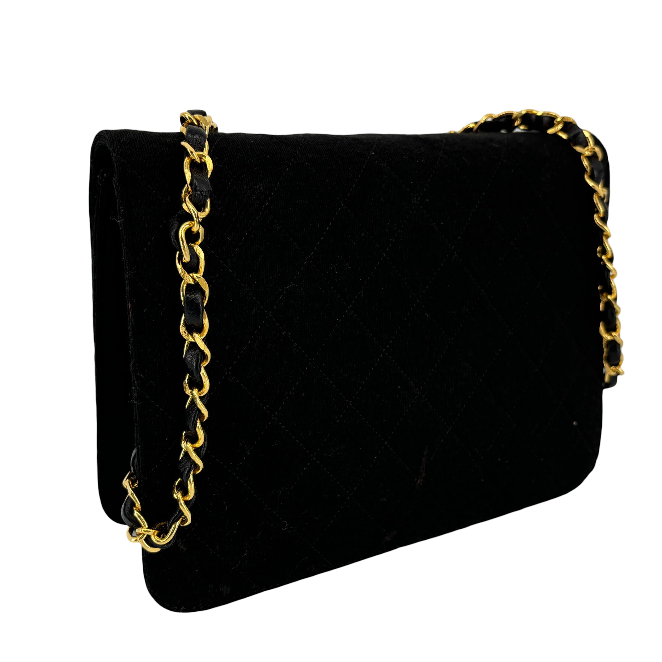 Chanel Single Flap Bag Push-Lock Black Matelassé Jersey