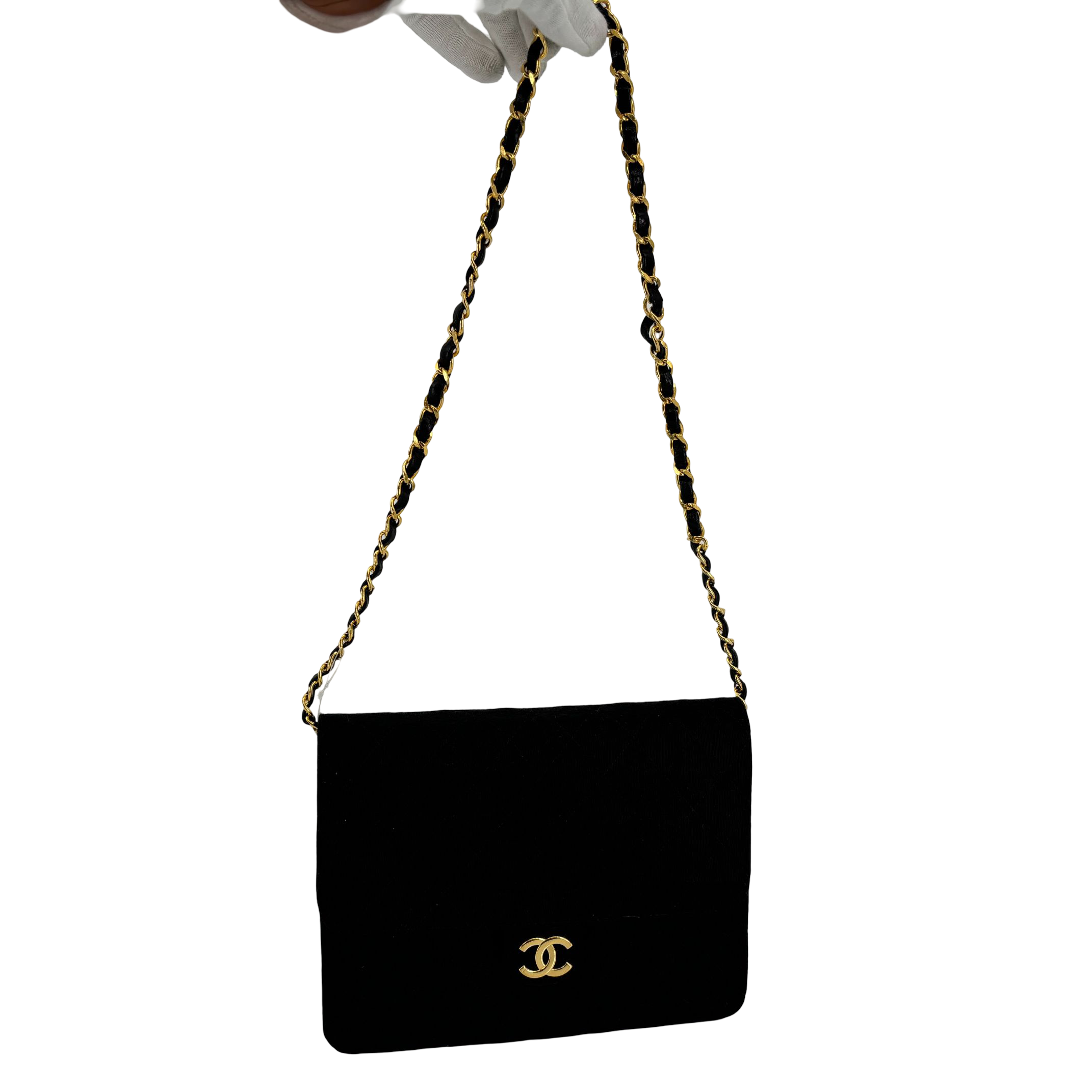 Chanel Single Flap Bag Push-Lock Black Matelassé Jersey