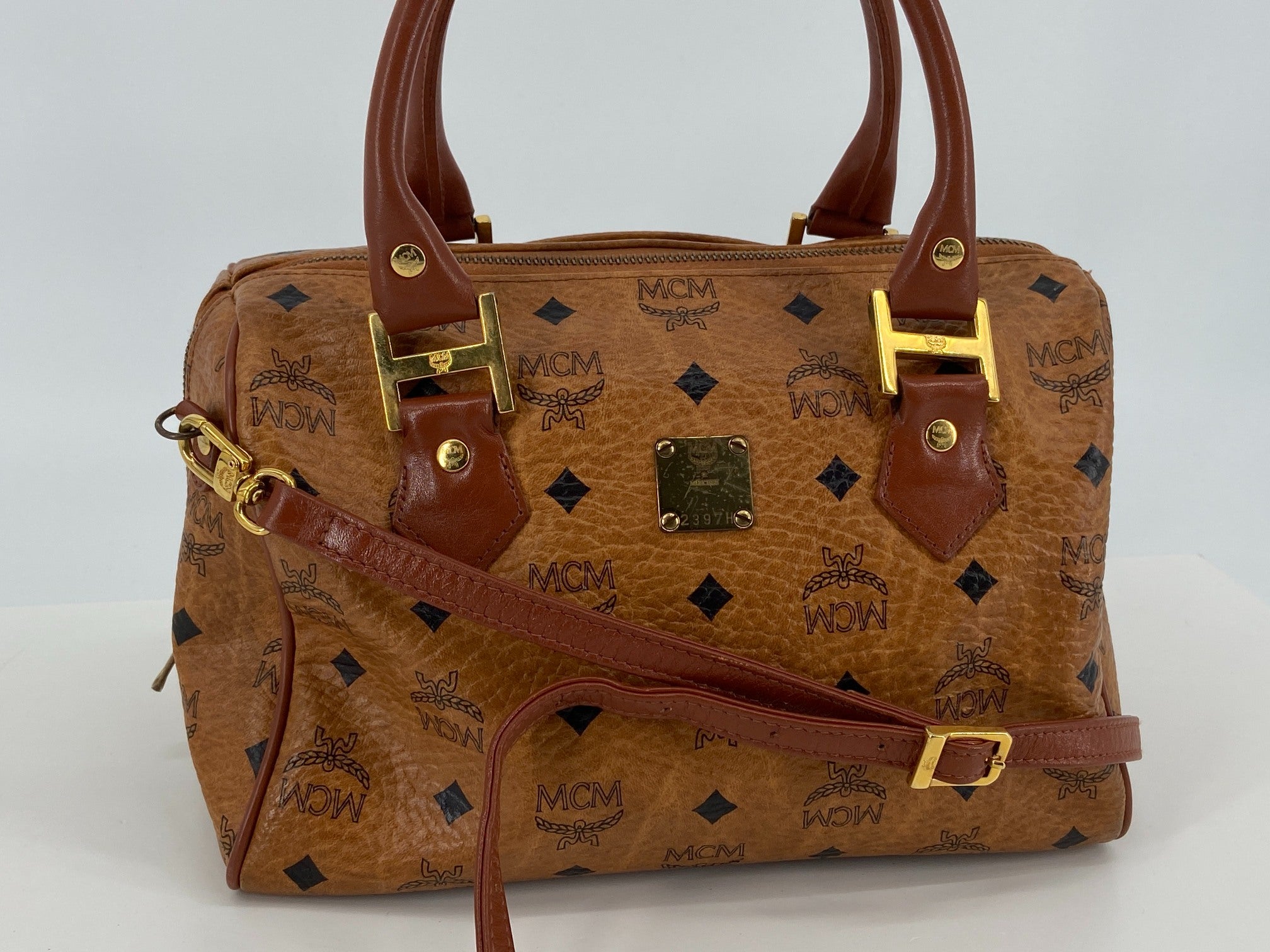 MCM 2Way Hand / Boston Bag Beige Visetos Cognac Monogram