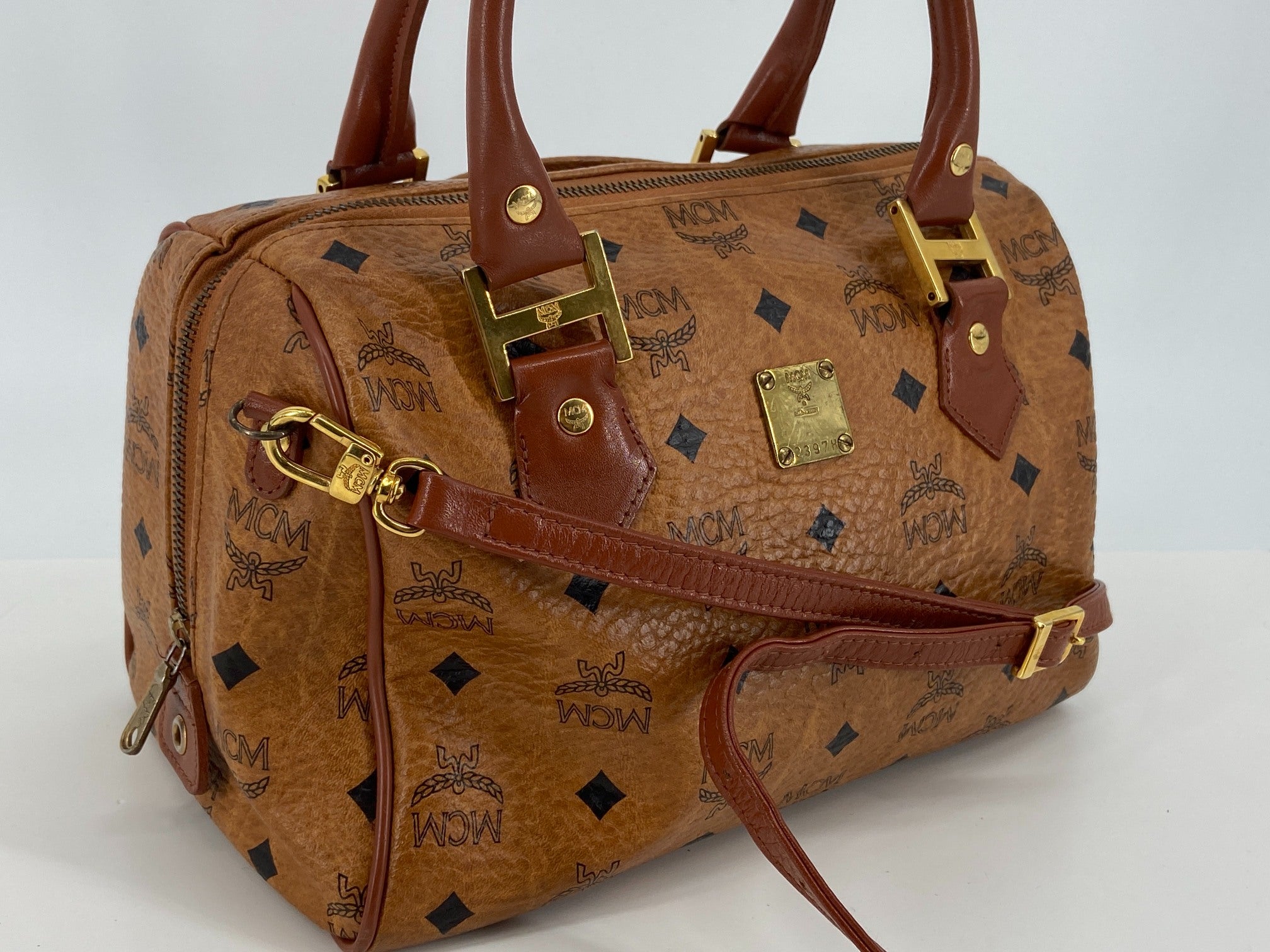 MCM 2Way Hand / Boston Bag Beige Visetos Cognac Monogram