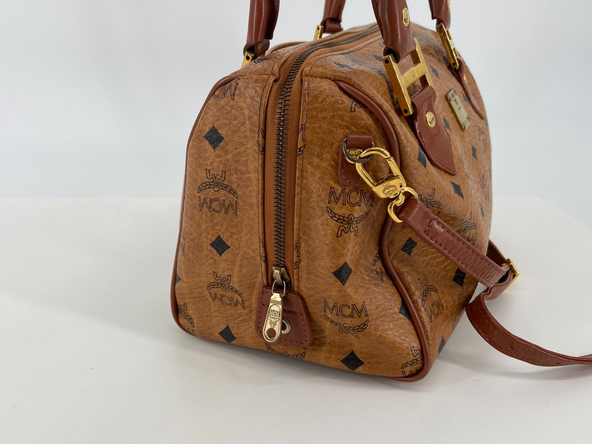 MCM 2Way Hand / Boston Bag Beige Visetos Cognac Monogram