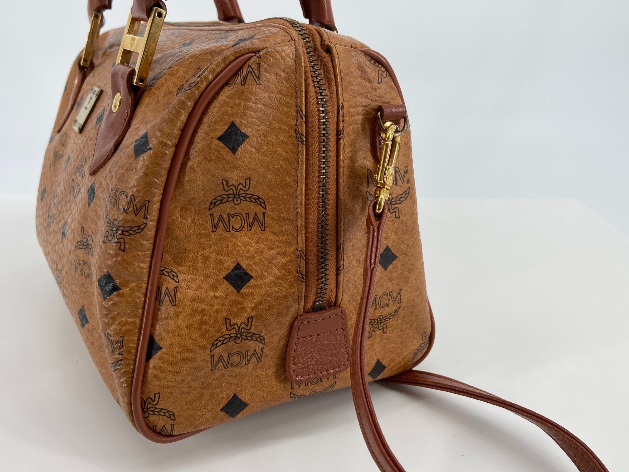 MCM 2Way Hand / Boston Bag Beige Visetos Cognac Monogram