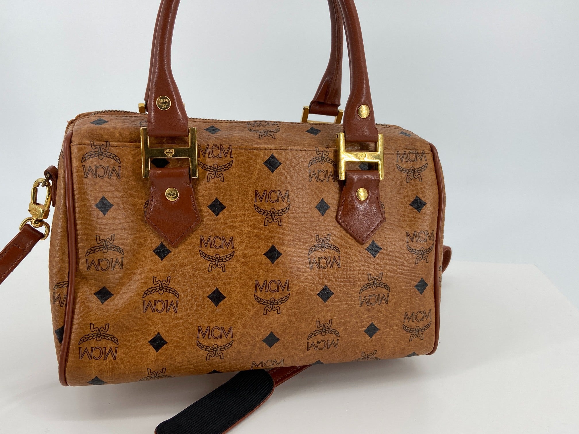 MCM 2Way Hand / Boston Bag Beige Visetos Cognac Monogram