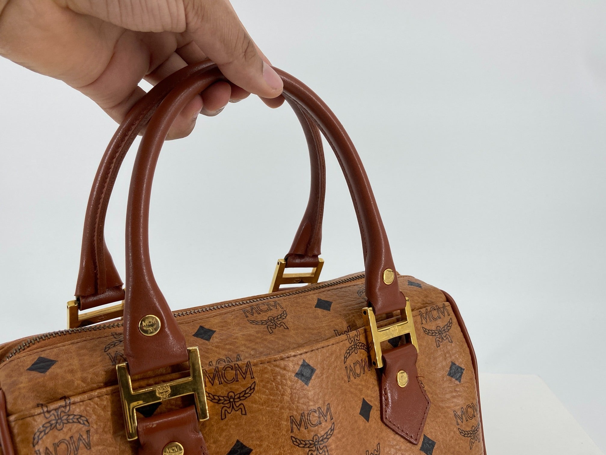 MCM 2Way Hand / Boston Bag Beige Visetos Cognac Monogram