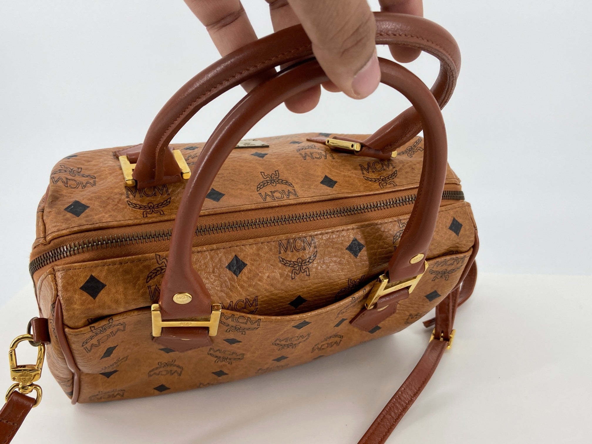 MCM 2Way Hand / Boston Bag Beige Visetos Cognac Monogram