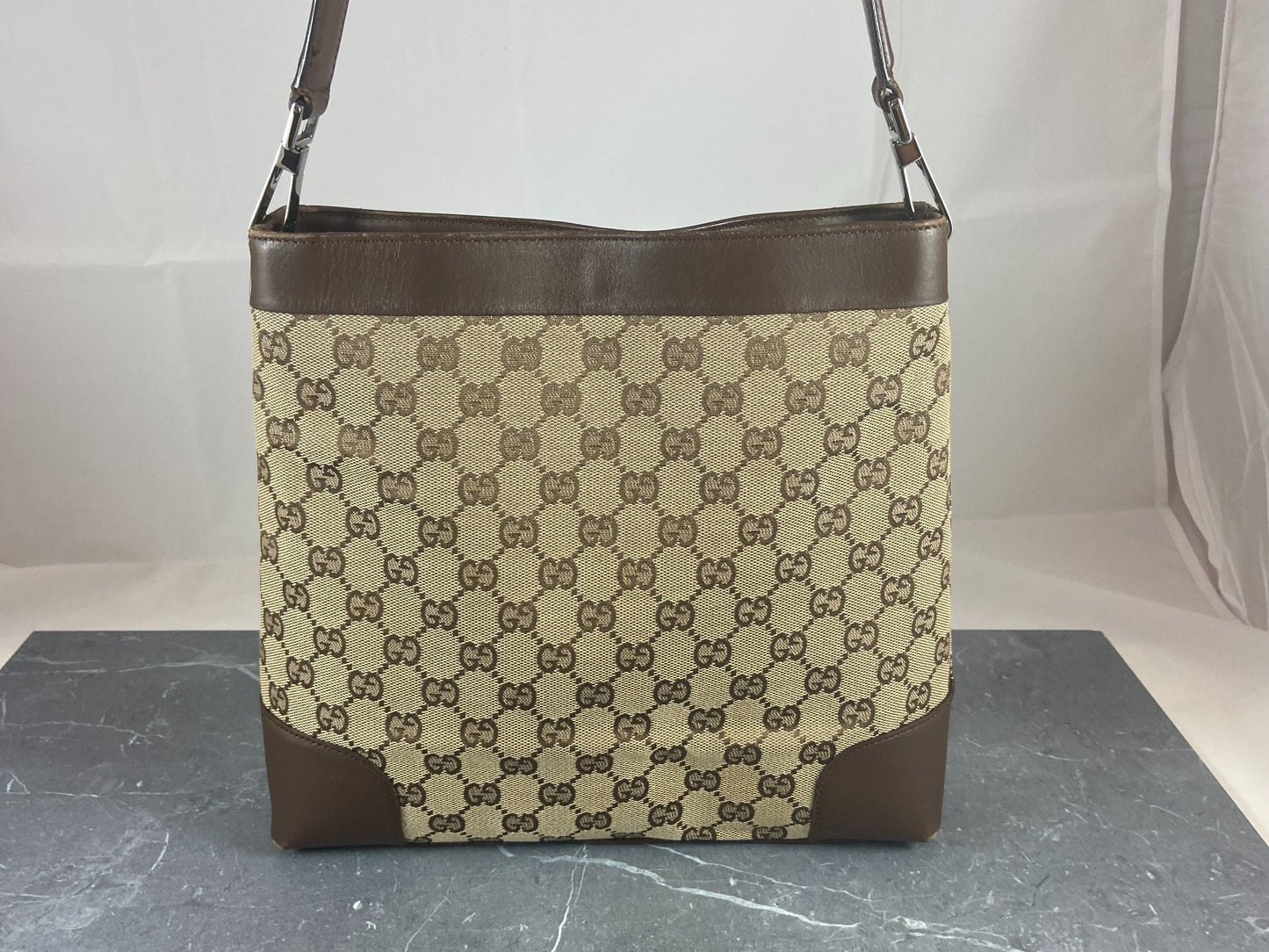 Gucci Hand / Hobo Bag Beige GG Monogram + Brown Leather