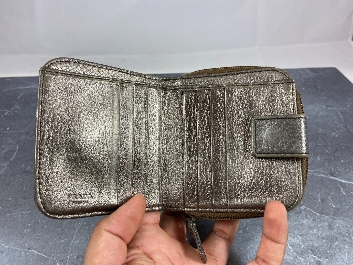 Prada Compact Zip Wallet Silver Leather