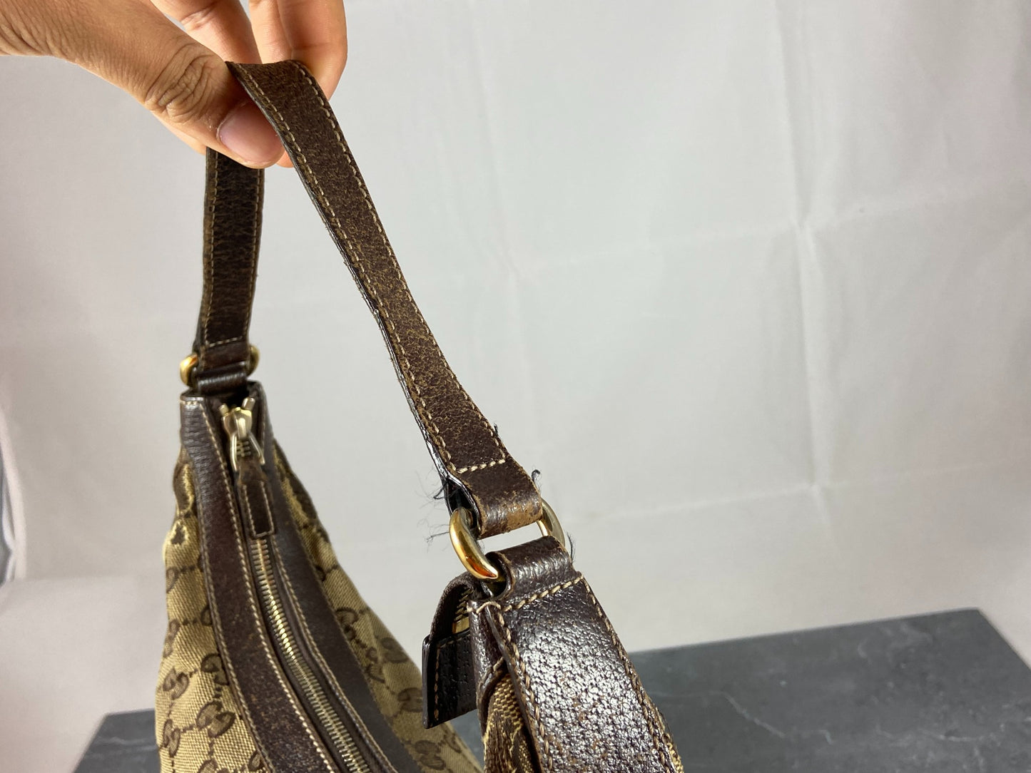 Gucci Hobo Bag Beige GG Monogram + Brown Leather